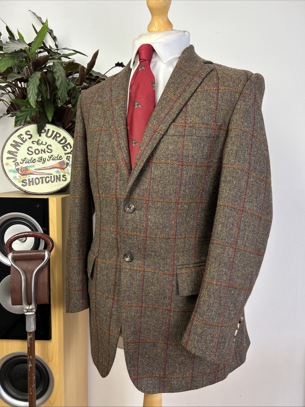 Ede & Ravenscroft 38R Windowpane Tweed English Suit 2 Pairs Trousers Savile Row