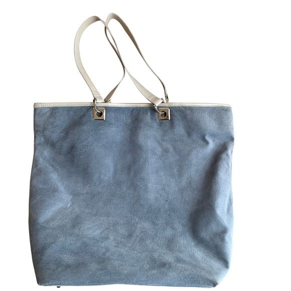 N.A.N. Blue Suede Leather Trim Tote Bag Silver Hardware Shoulder Bag Large y2k