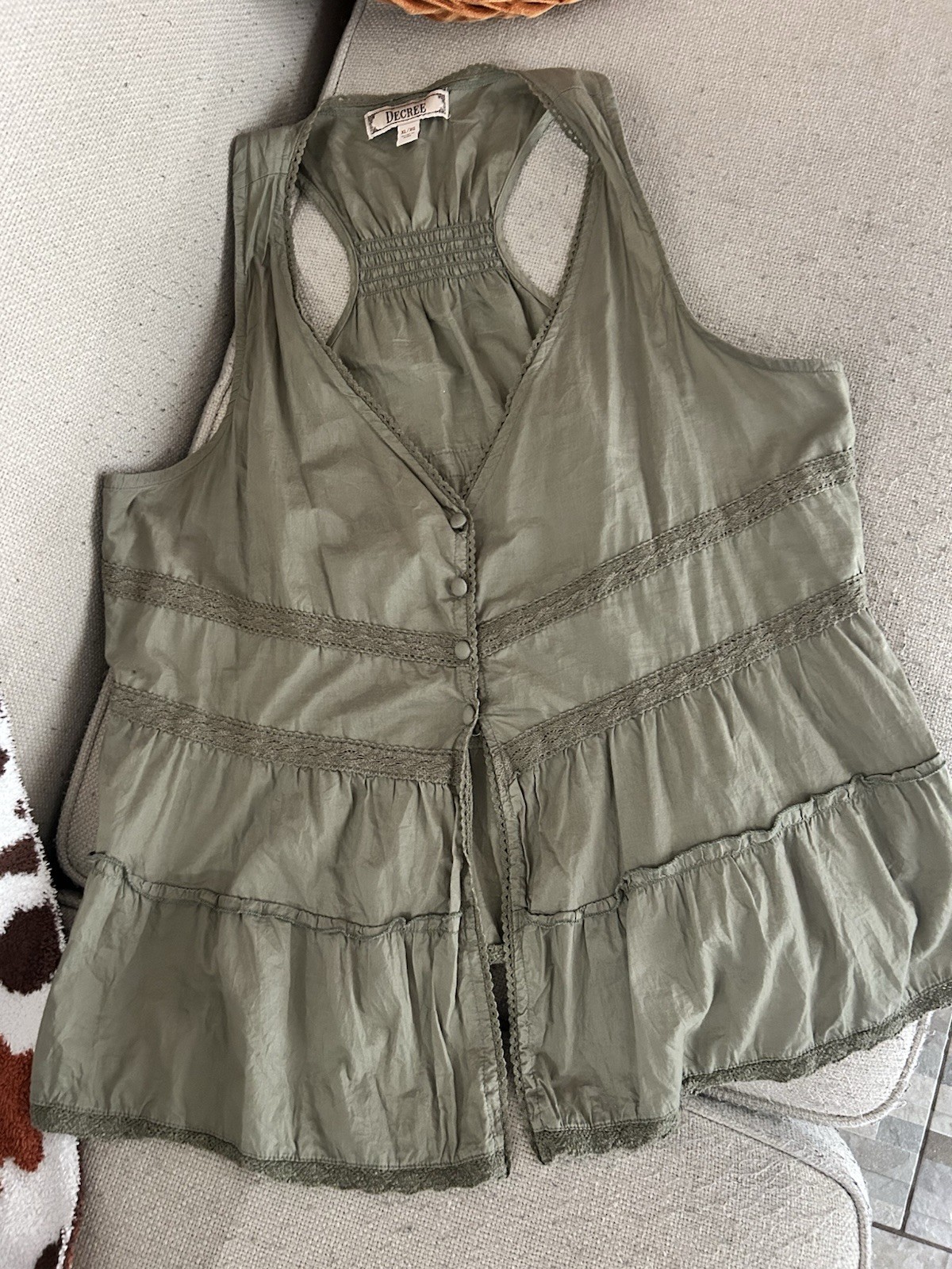 Decree XL Olive Green Boho Peplum Tank Top Boho Cottagecore Button Front India