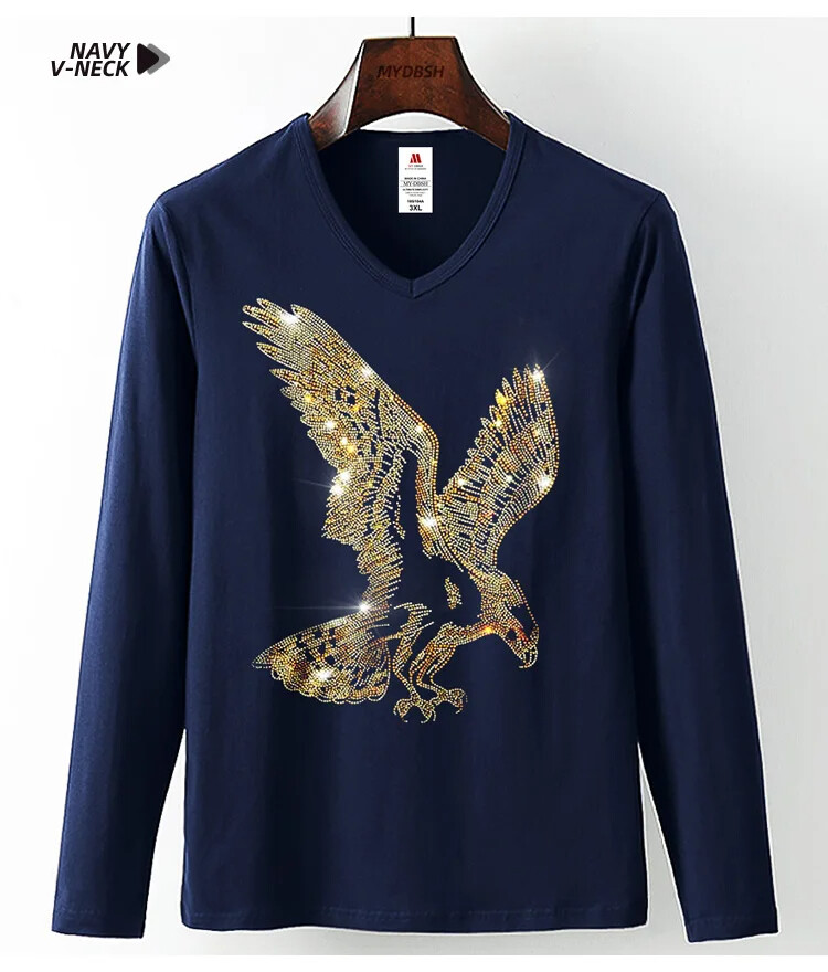 Fashion Trend Eagle Rhinestones Streetwear Long Sleeve Luxury Men V-Neck T-Shirt