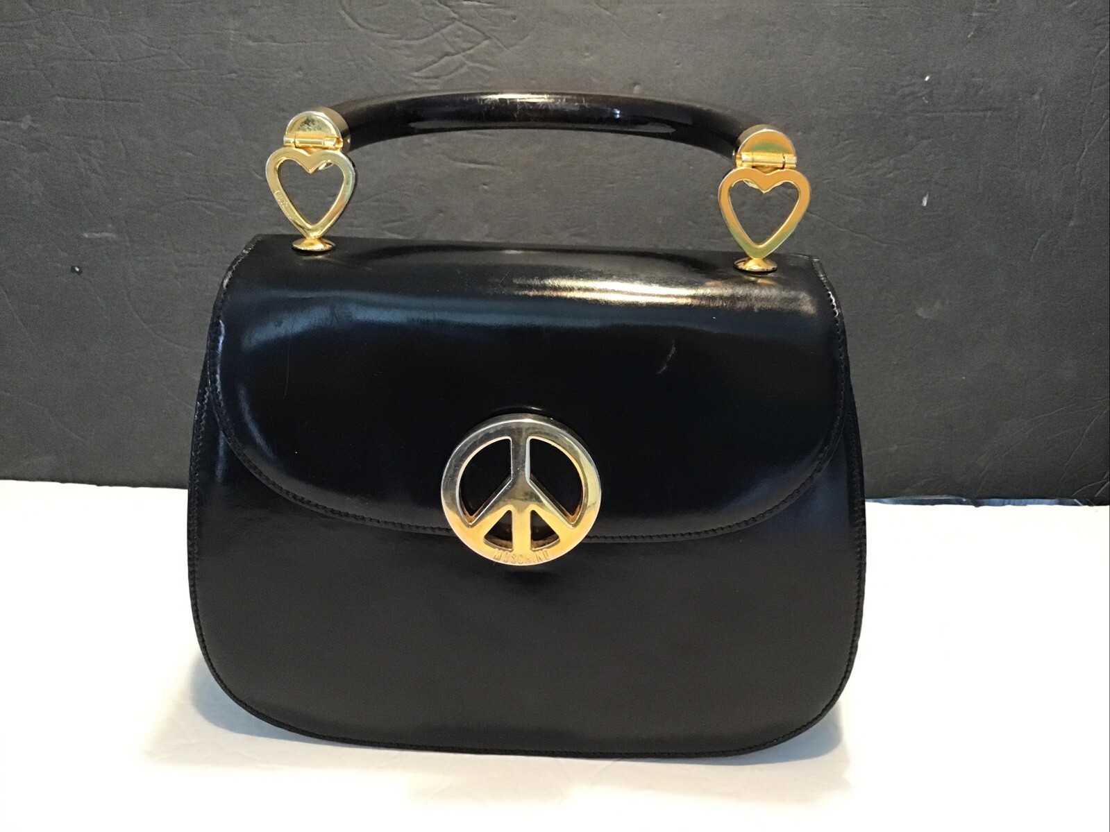RARE 1990’s VTG. MOSCHINO / REDWALL LOVE & PEACE Black Patent Leather Handbag