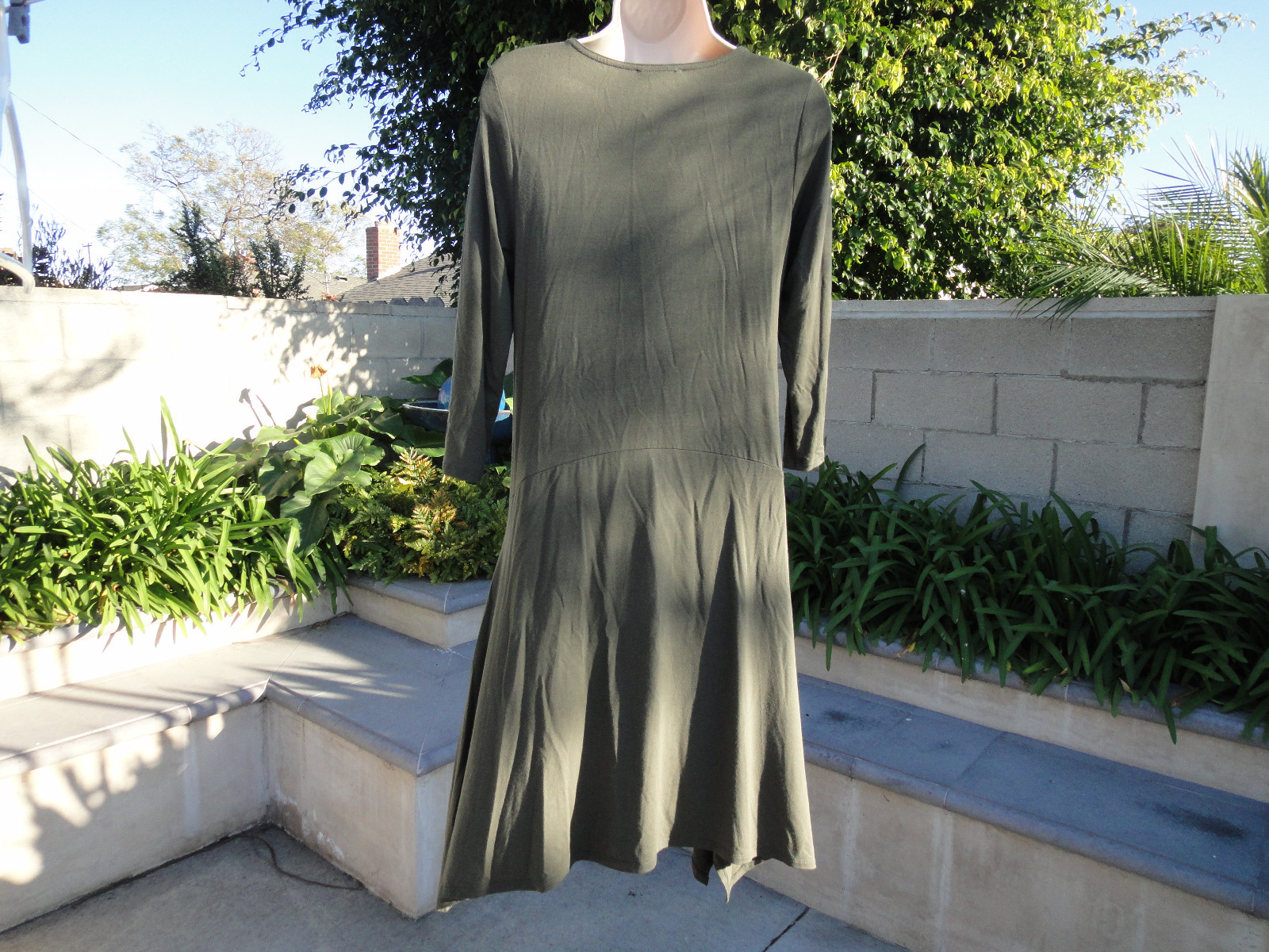 Eileen Fisher Scoop Neck Oregano Green Soft Dress, 95%Viscose 5%Spandex, X Small