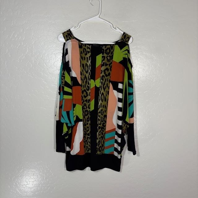 Eva Varro Blouse Womens Small Multicolor Animal Print Cold Shoulder Tunic Top