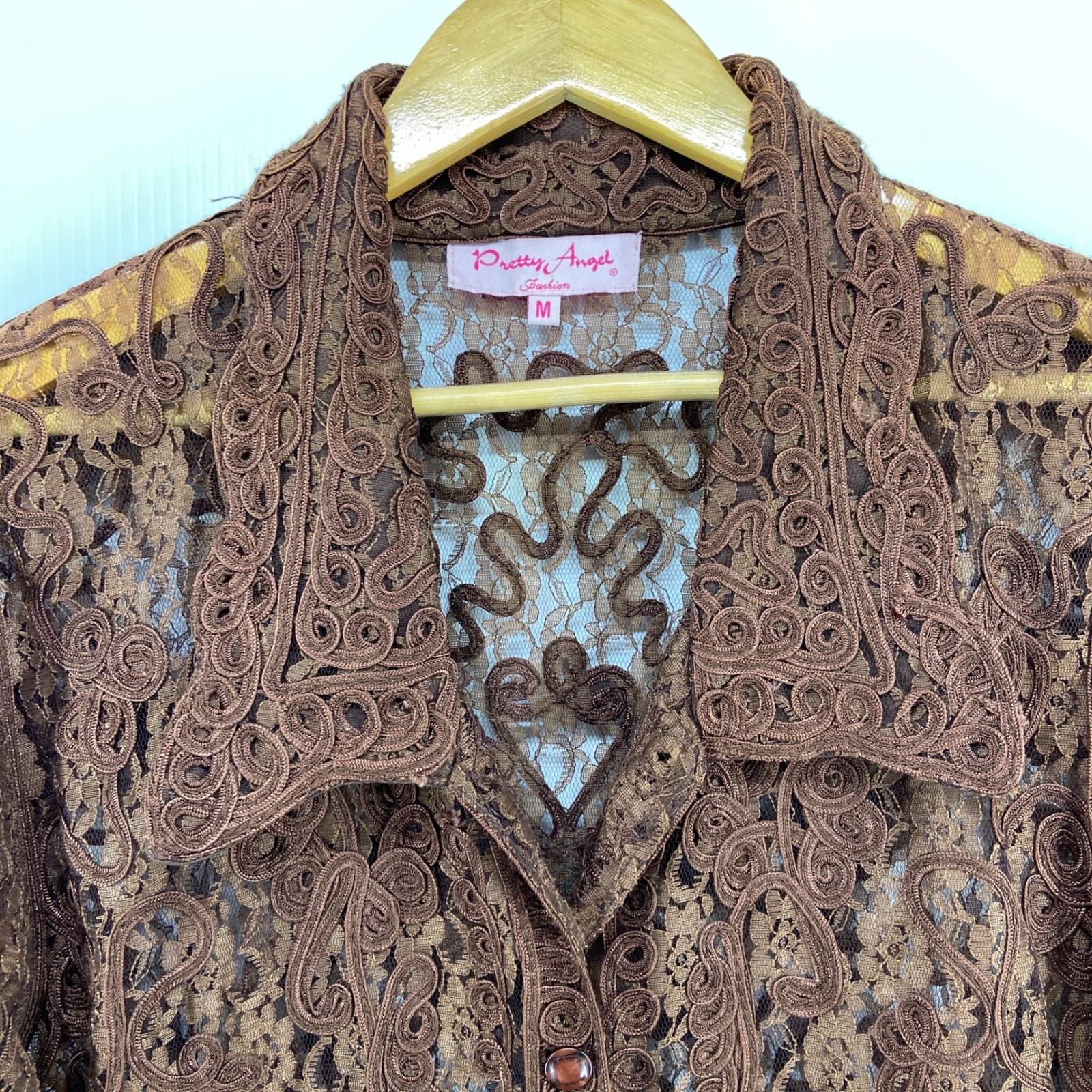 Pretty Angel Brown Silk Lace Long Sleeve Wide Collar Blouse Womens Medium