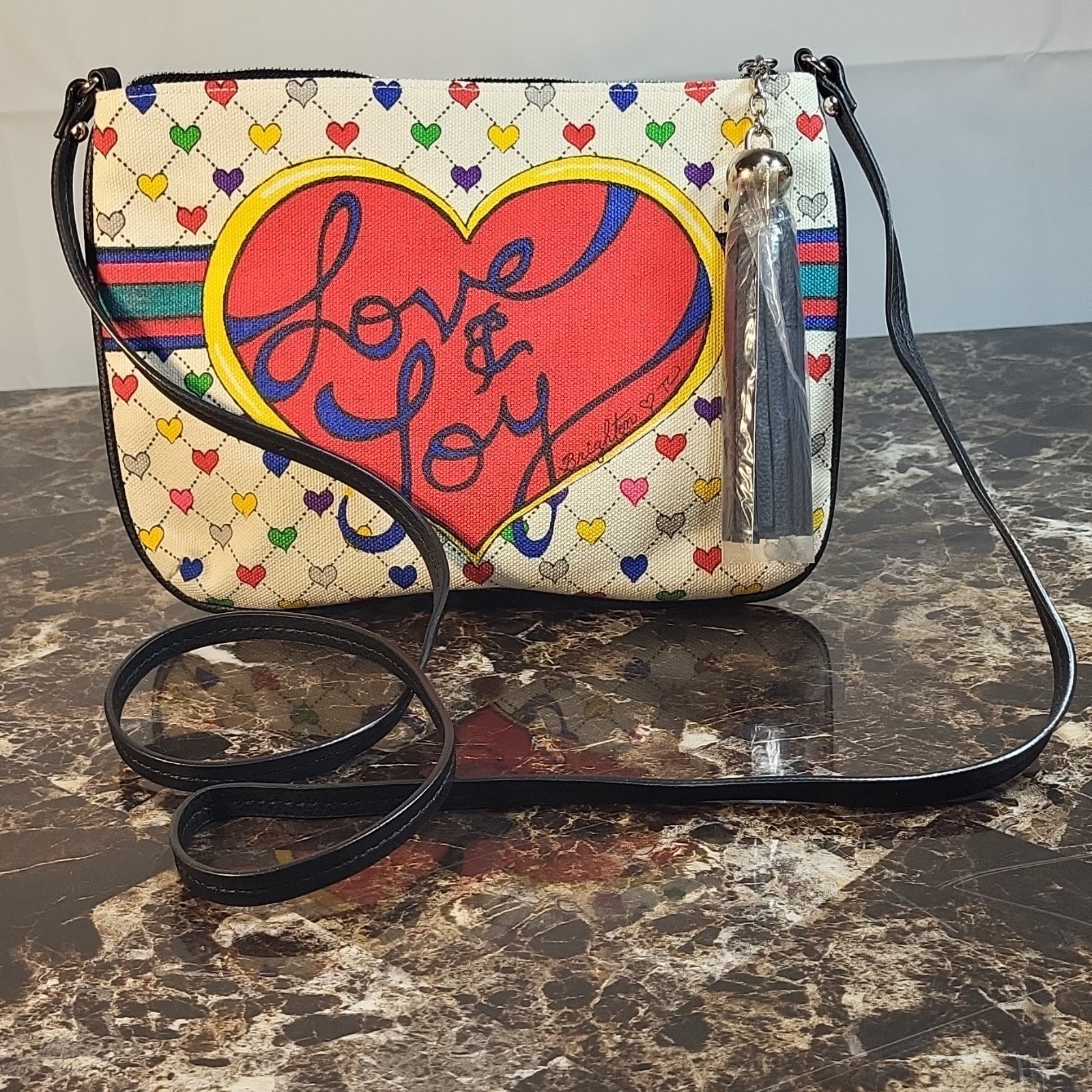 Brighton Love& Joy Heart Print Crossbody Bag, Zip, Lined, Pockets
