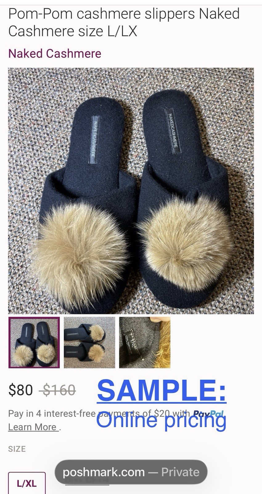 New! Naked Cashmere Love Slippers 100% Cashmere w/Fox Fur Sz L/XL 9-10 🥰