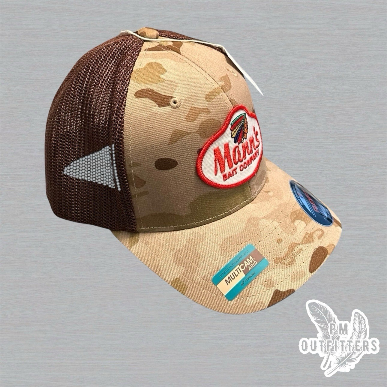 Mann’s Bait Co Trucker Hat, Retro Fishing Patch on Yupoong Flexfit Multicam