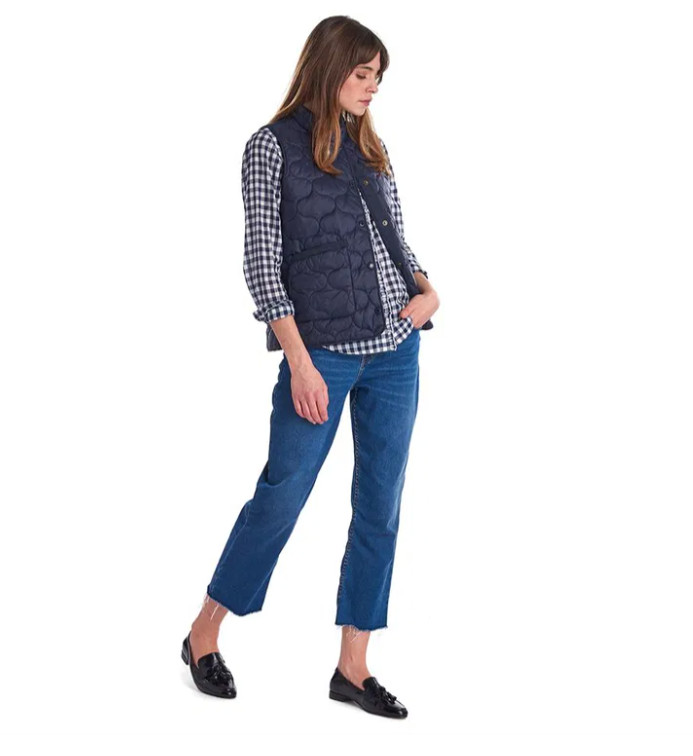 Navy ~ BARBOUR LOLA Gilet Quilted Vest w/ English Floral Lining MSRP$260
