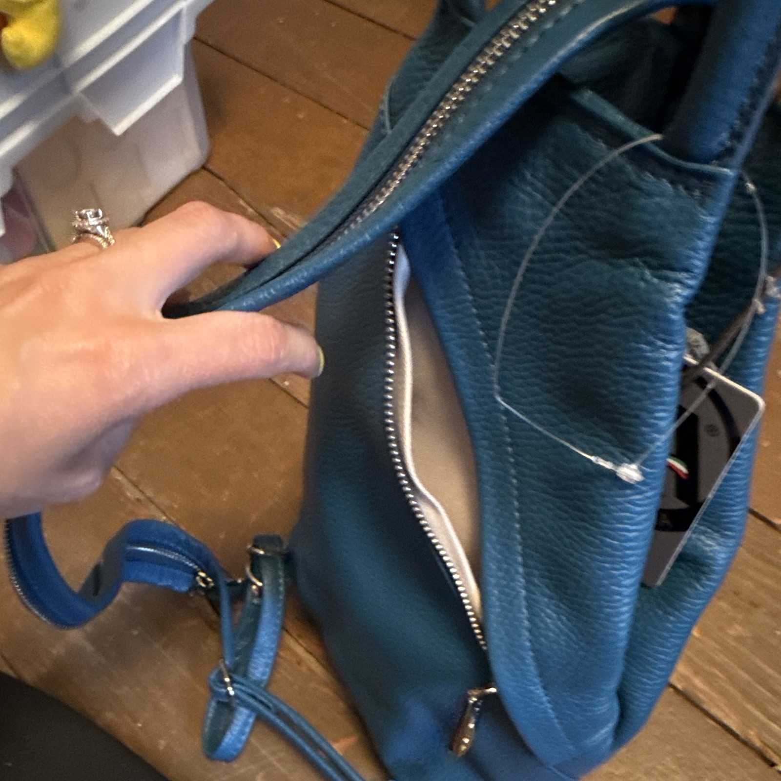 Valentina Blue Pebbled Satchel Top Handle Zip Handbag w/ Detachable Strap