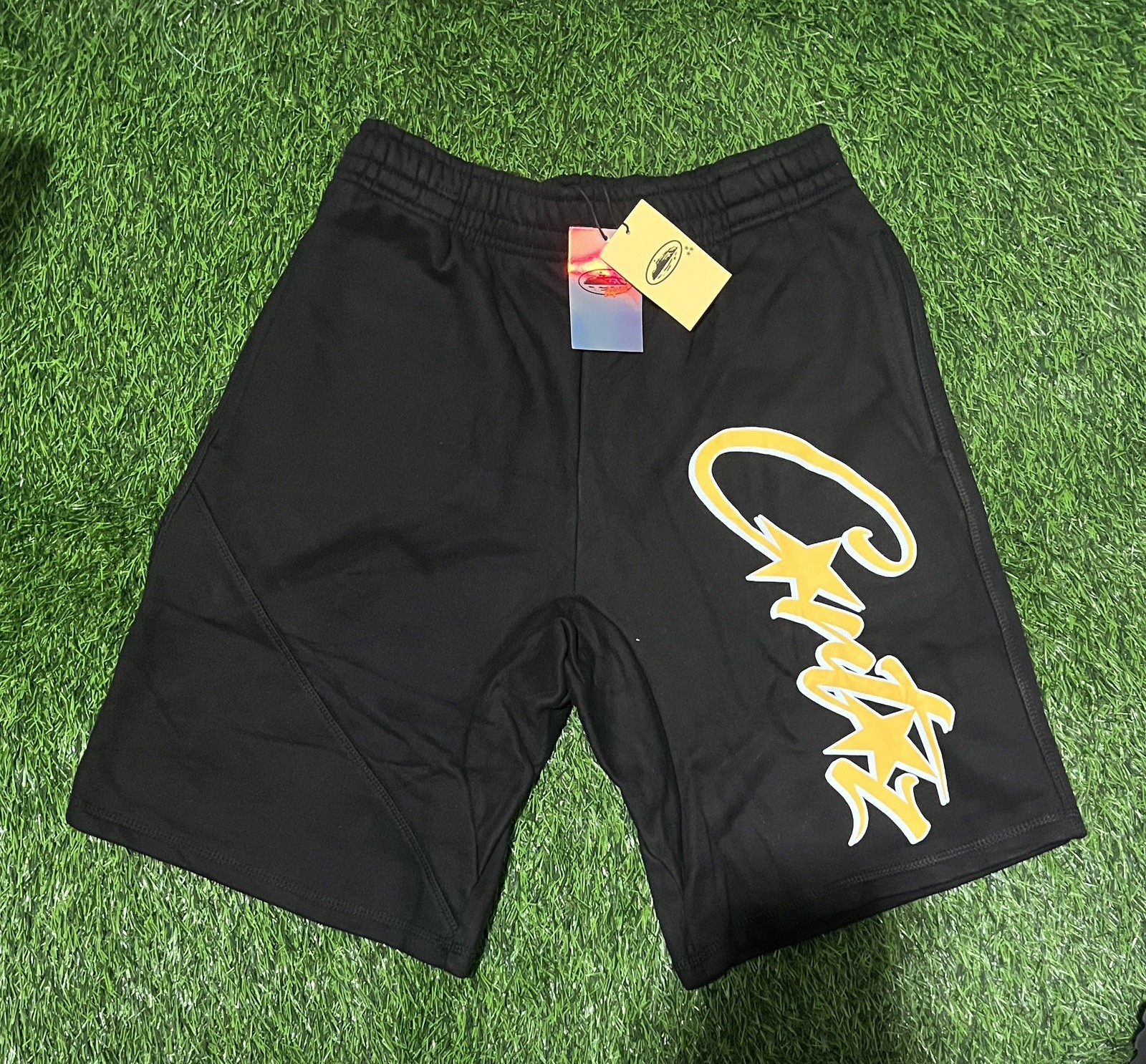 Men’s Black and Yellow Corteiz Shorts Size Small Brand New