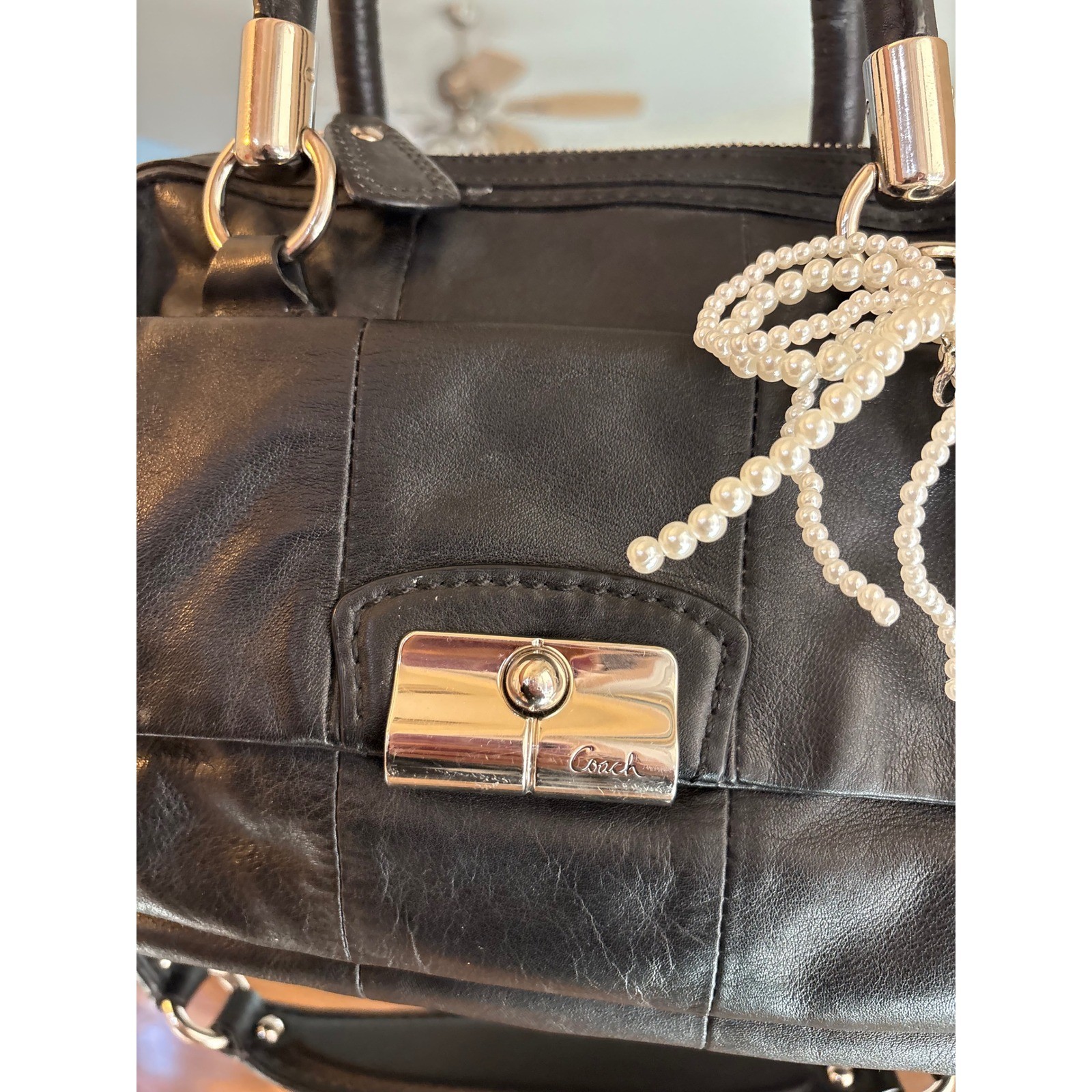 Coach Kristin Black Leather Satchel Handbag Silver Hardware 15003