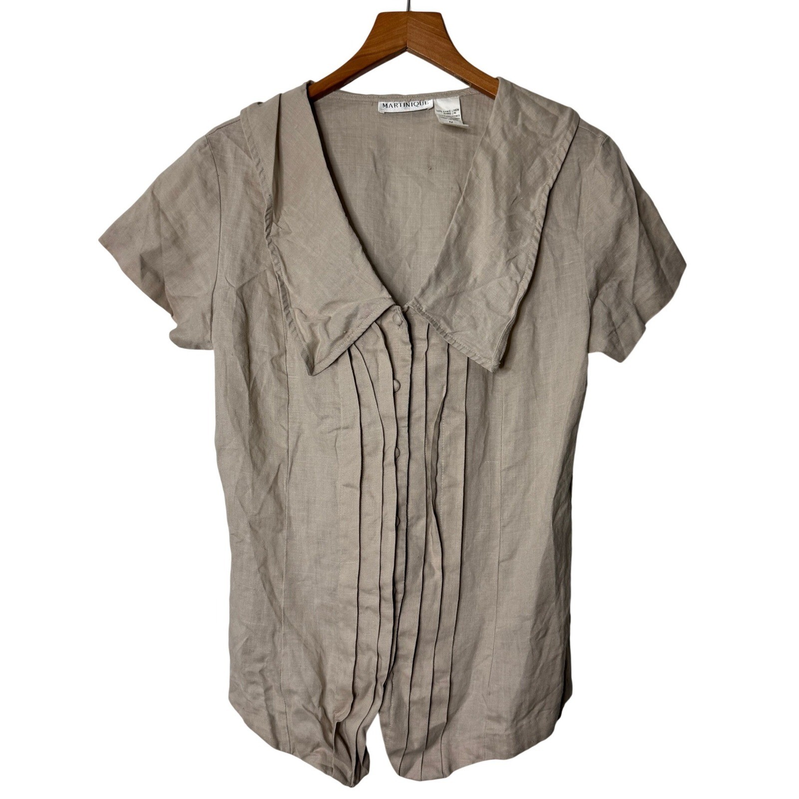 Martinique Ramie Linen Tan Short Sleeve Pintuck Button Up Top Womens Medium