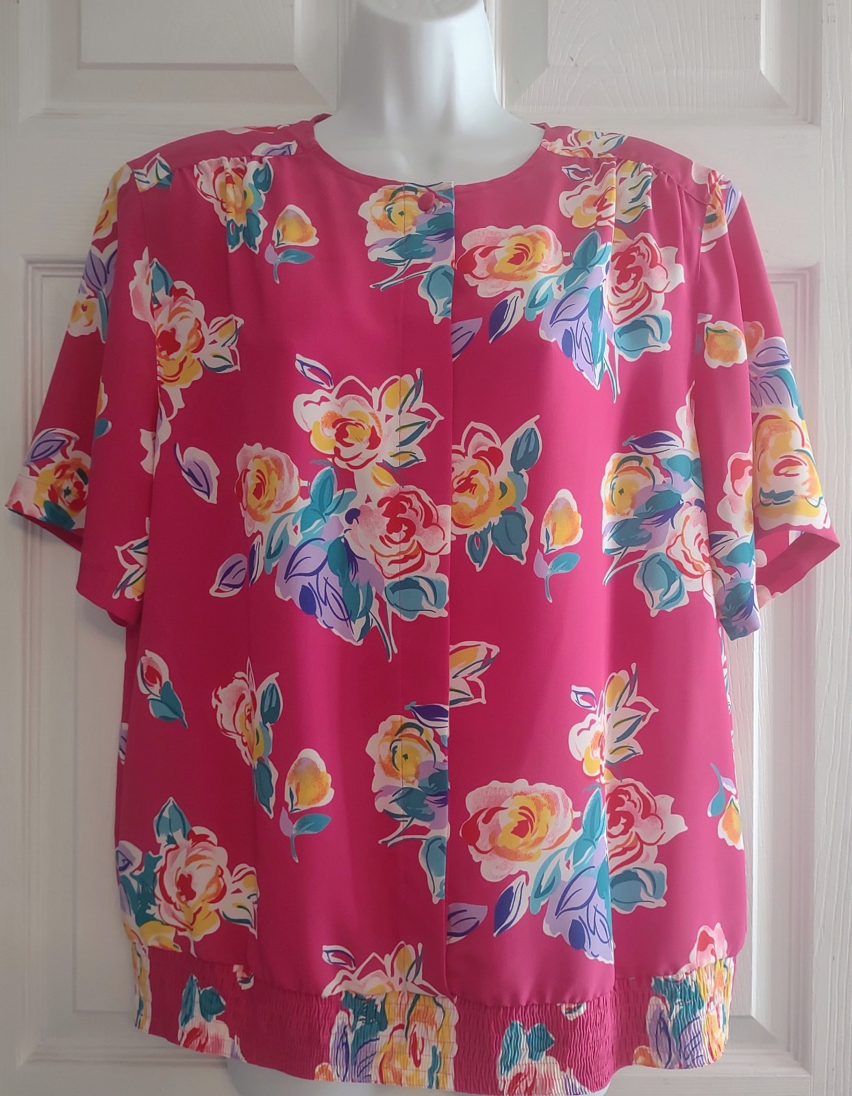 ALFRED DUNNER Hot Pink W/ Yellow Rose Print Blouse Women’s Size 14