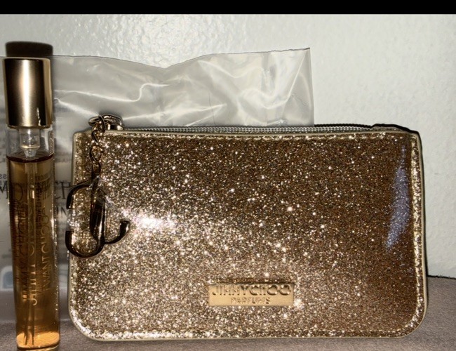 Jimmy Choo Gold Glitter Wallet & I Want Choo Le Parfum EDP 7.5ml Travel Spray