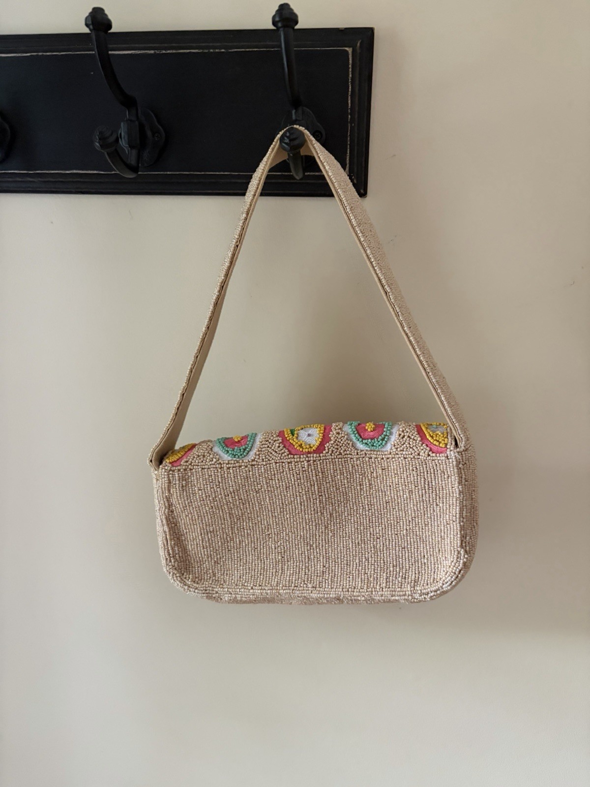 Women’s Beige Rectangle Shoulder Bag Purse Embroidered Multicolor Trim Casual