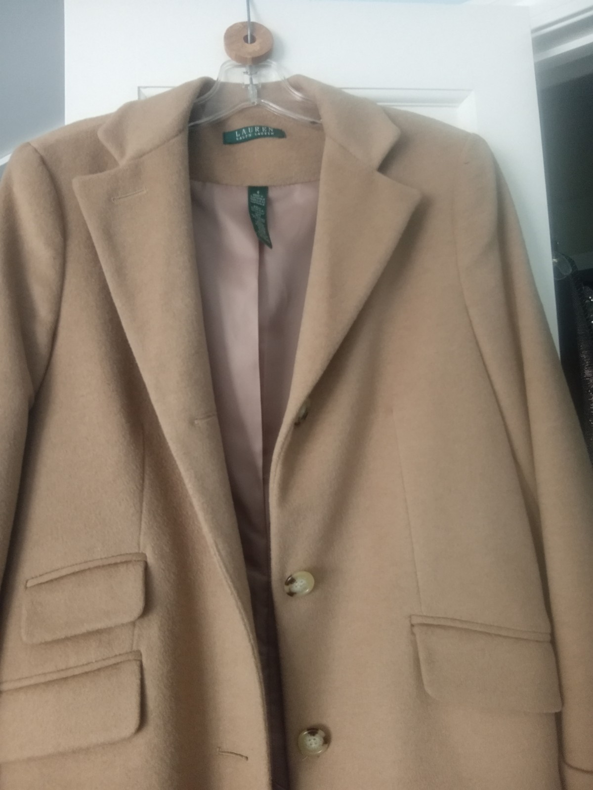 Lauren Ralph Lauren Beige Mid-Length Button Front Overcoat Lined Pockets 2
