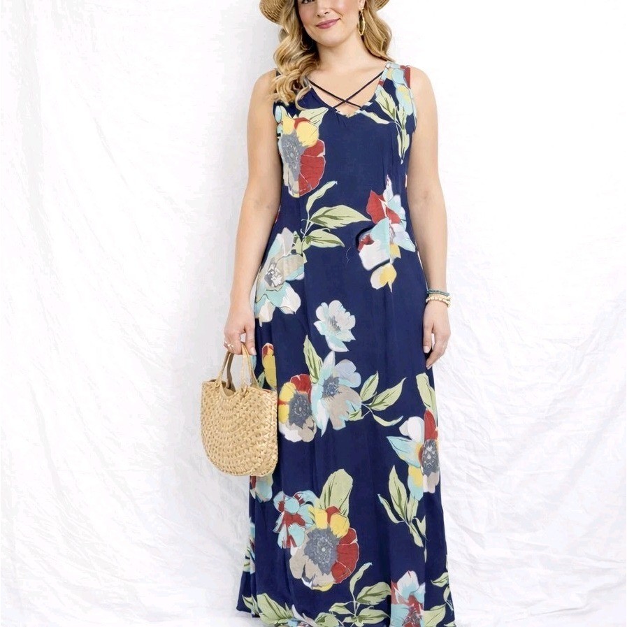 LIME N CHILI Size Medium Stretch Knit Blue Floral Floor Length Sleeveless Maxi