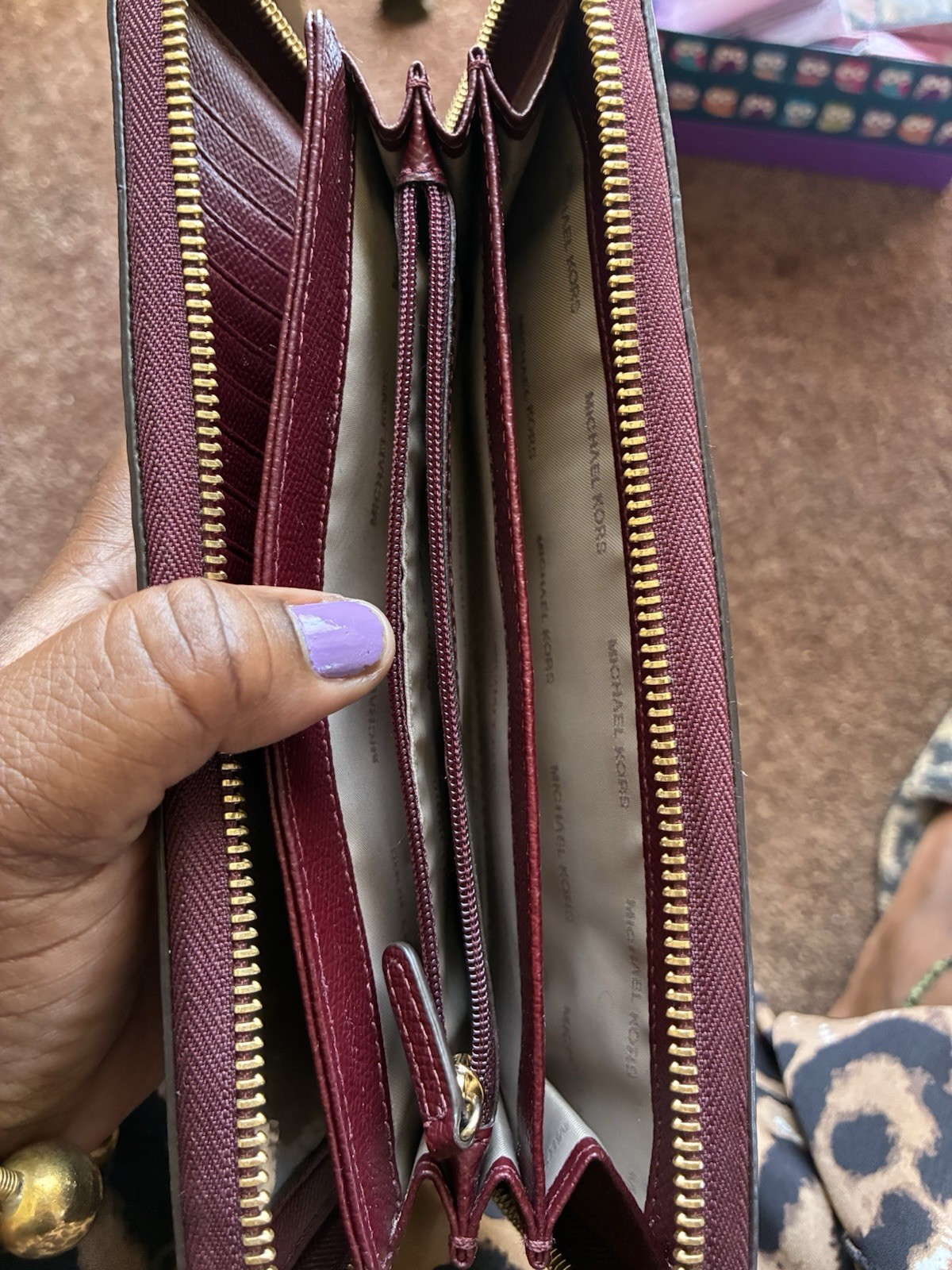 Michael Kors Burgundy Zip-Around Wristlet Wallet Gold Tone Detachable Strap Logo