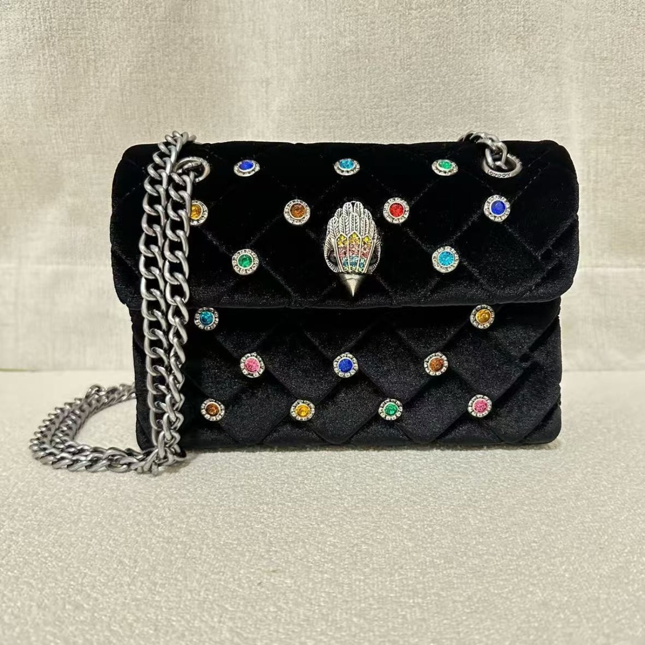 Kurt Geiger London Black Velvet Quilted Crossbody Bag Crystal Eagle 20×8×15cm