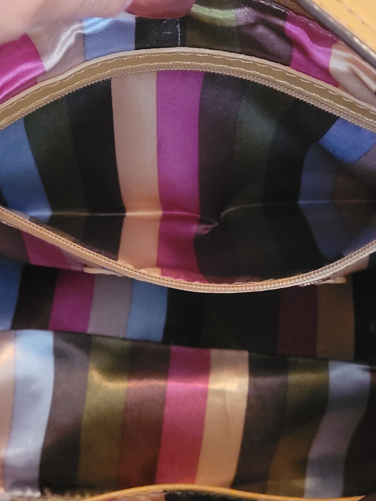 Tignanello Tan Shoulder Bag Striped Multicolor Lined Zip Silver Charm Pockets