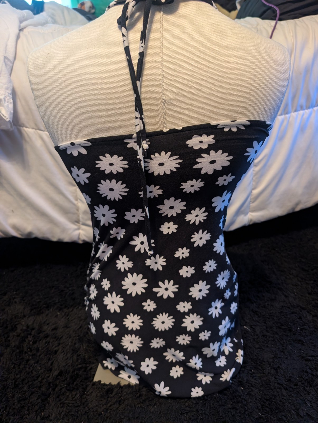 No Boundaries Halter One-Piece Swimsuit Black/White Daisy Floral Size S