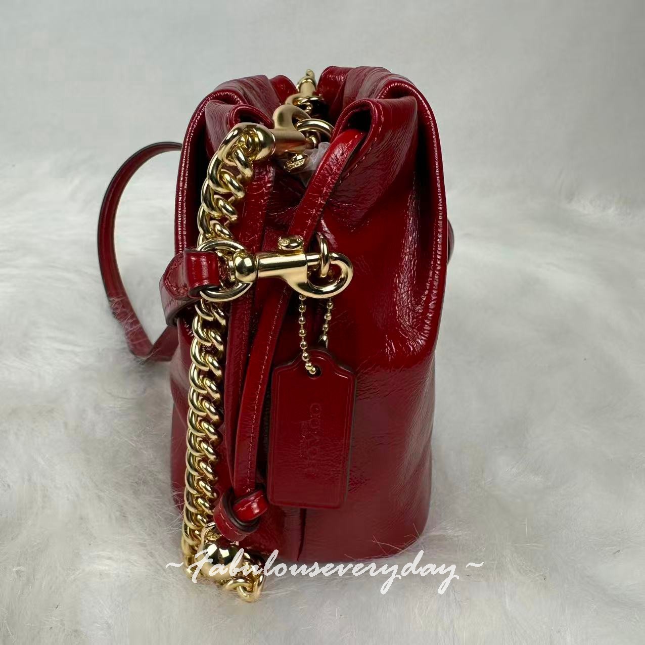 Coach Faye Mini Drawstring Bag In Crinkle Leather/Gold/Dark Cardinal CDB68 NWT
