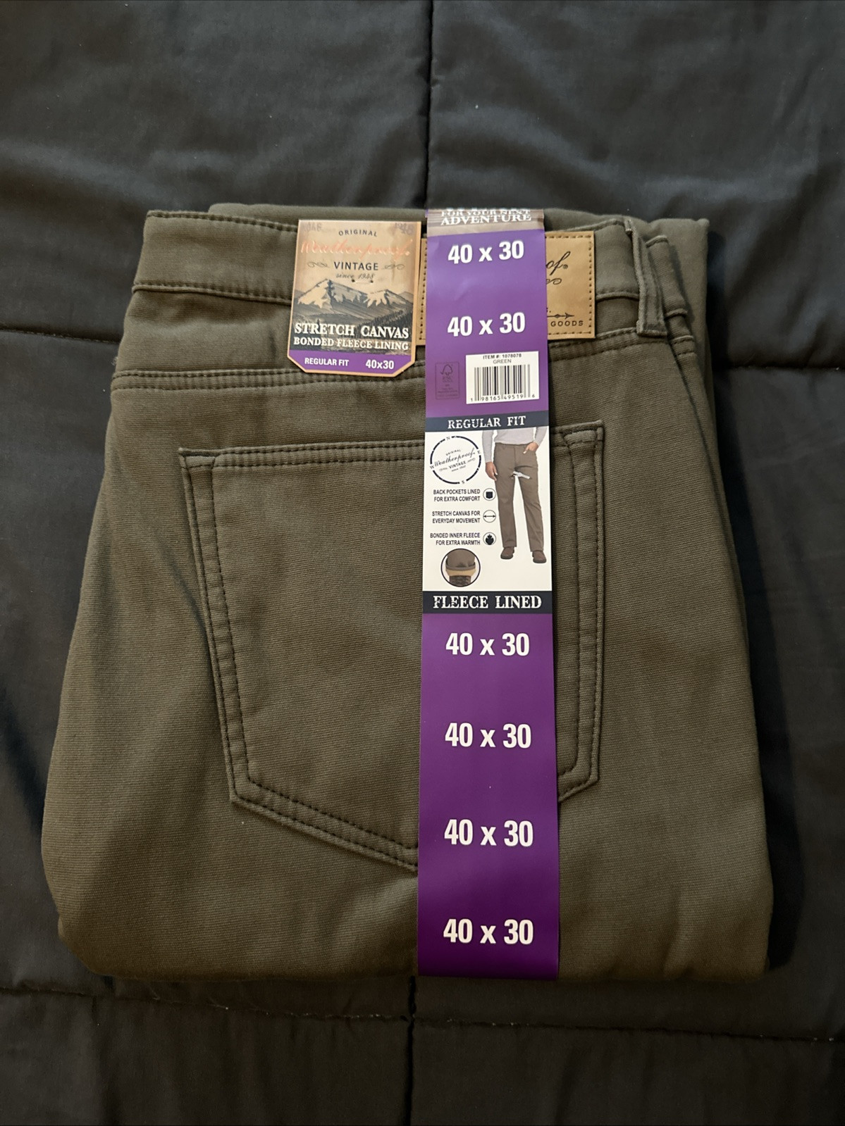 Weatherproof Vintage Men Fleece Lined Pants 40×30 Stretch Canvas Green