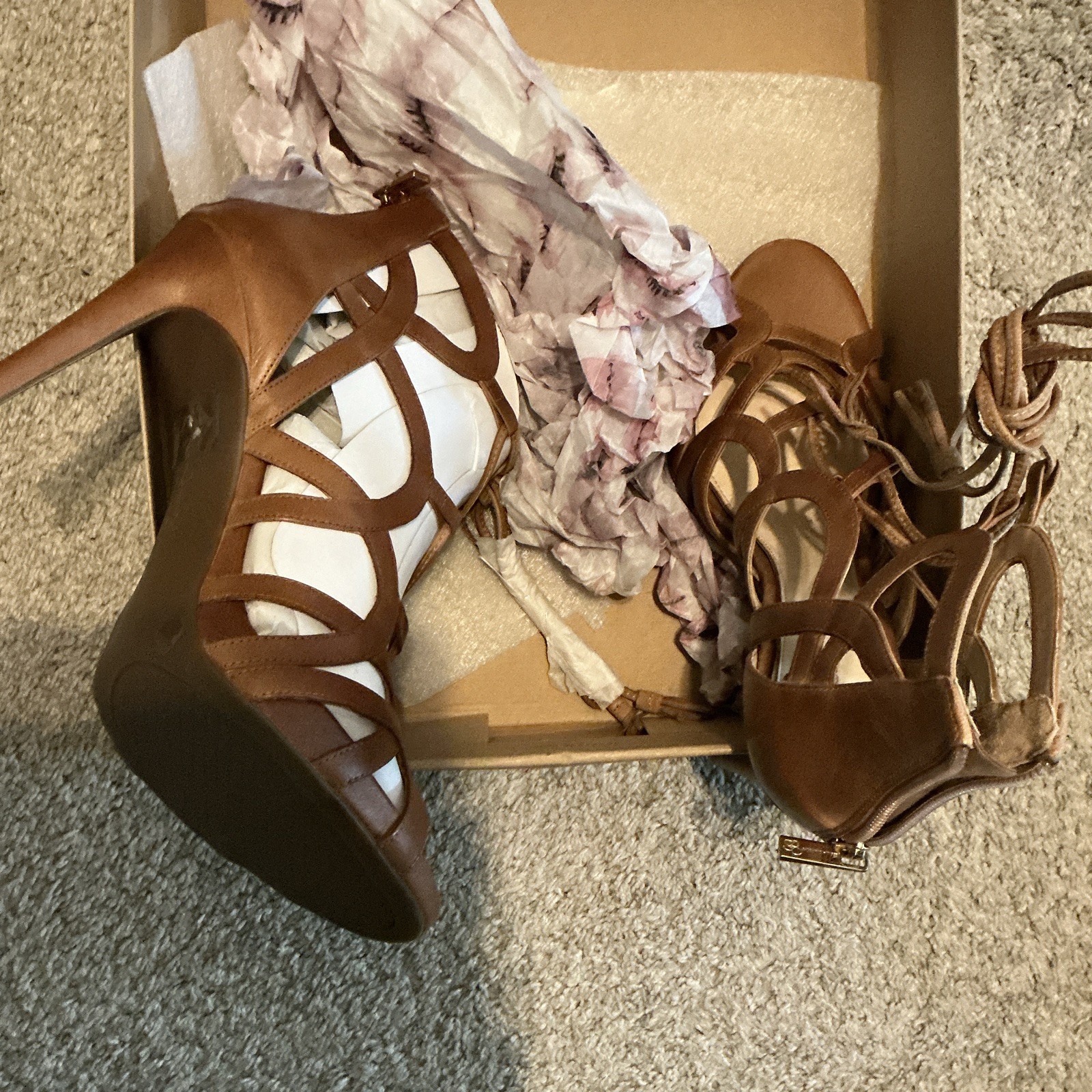 Jessica Simpson Brown Leather Strappy Open Toe Lace-Up Stiletto Heels 9.5M