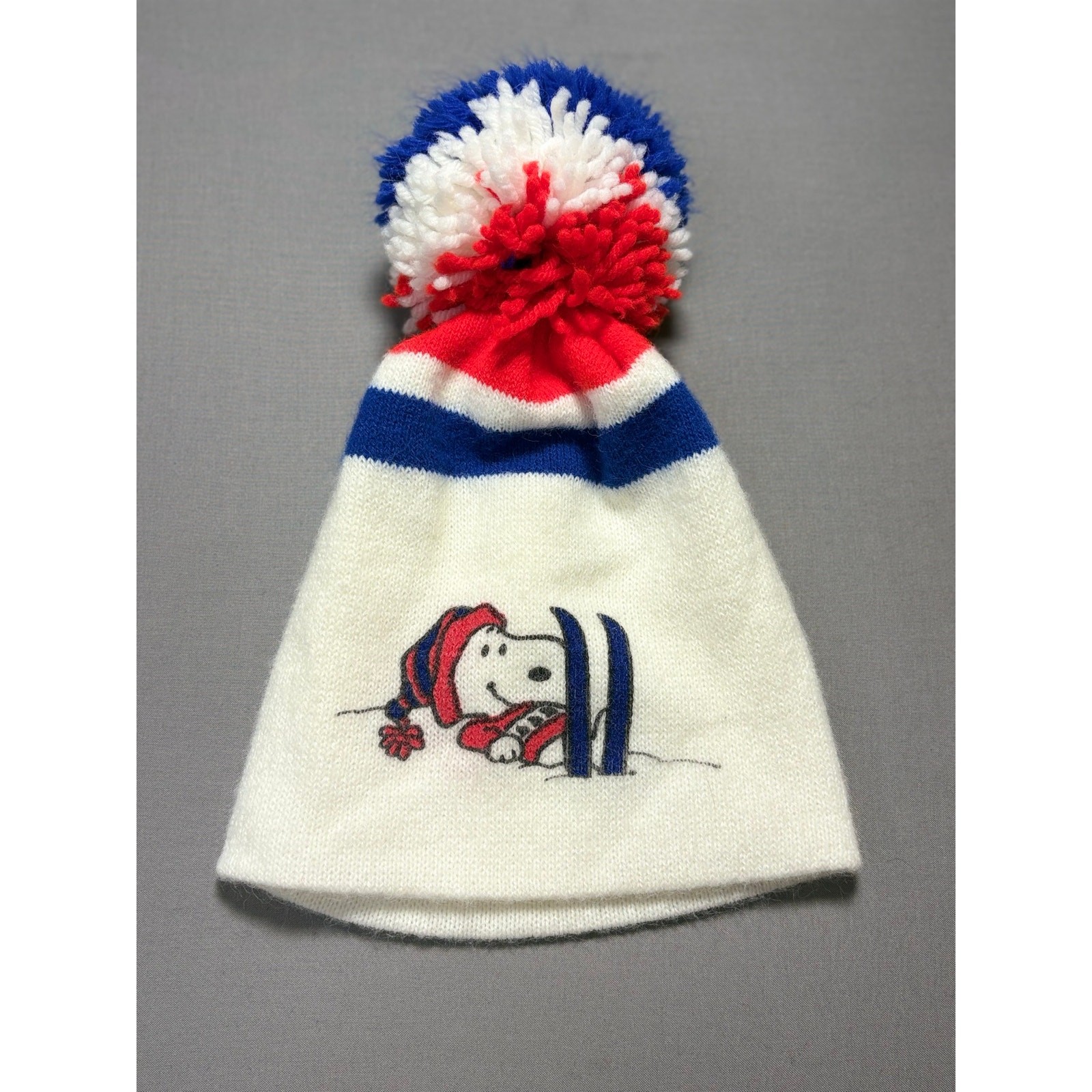 Vintage 1958 Snoopy in Snow on Skis Red White Blue Knit Beanie with Pom Pom