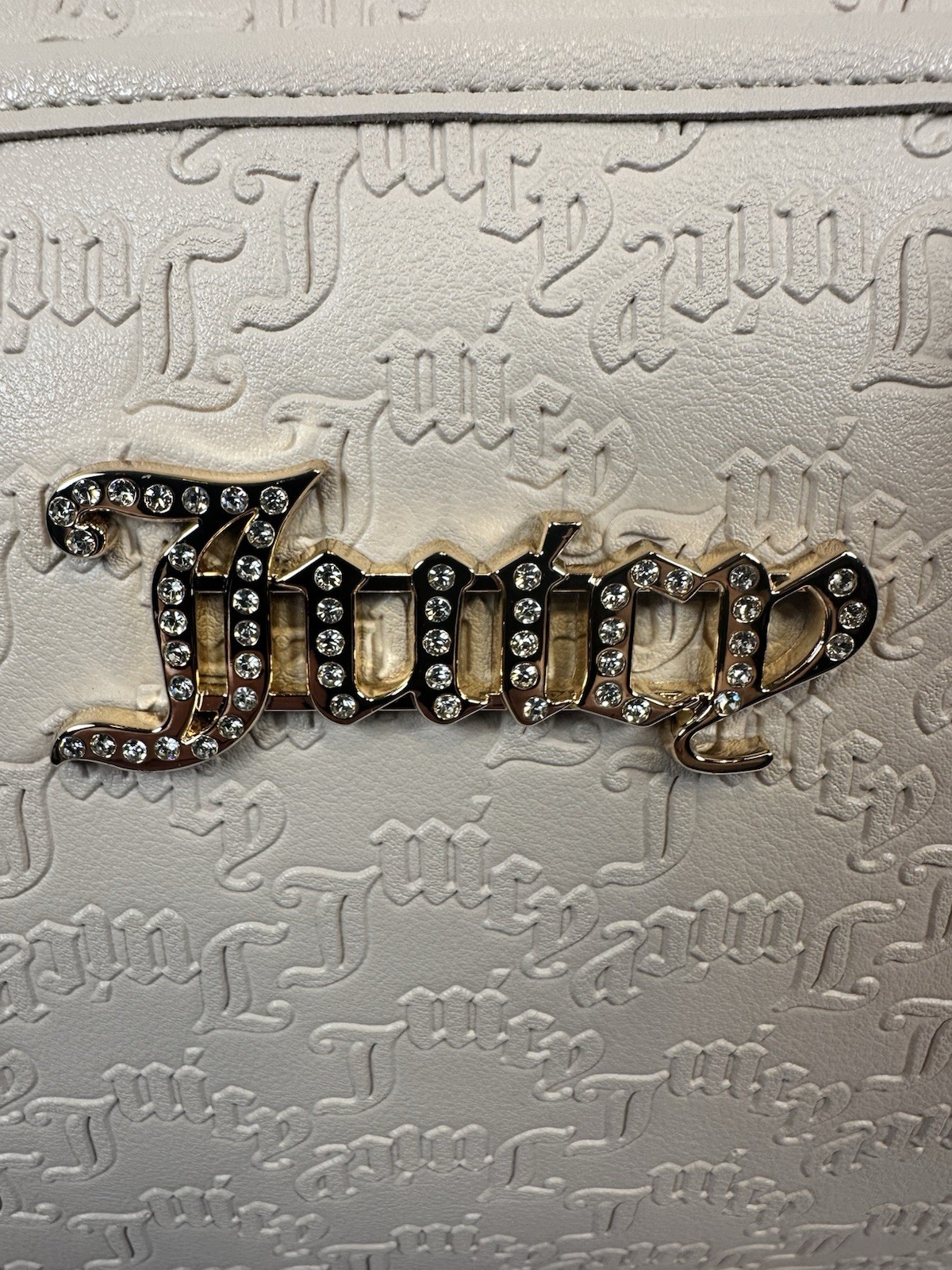 Juicy Couture Cream Embossed Monogram Duffle Bag Rhinestone J Charm NWT