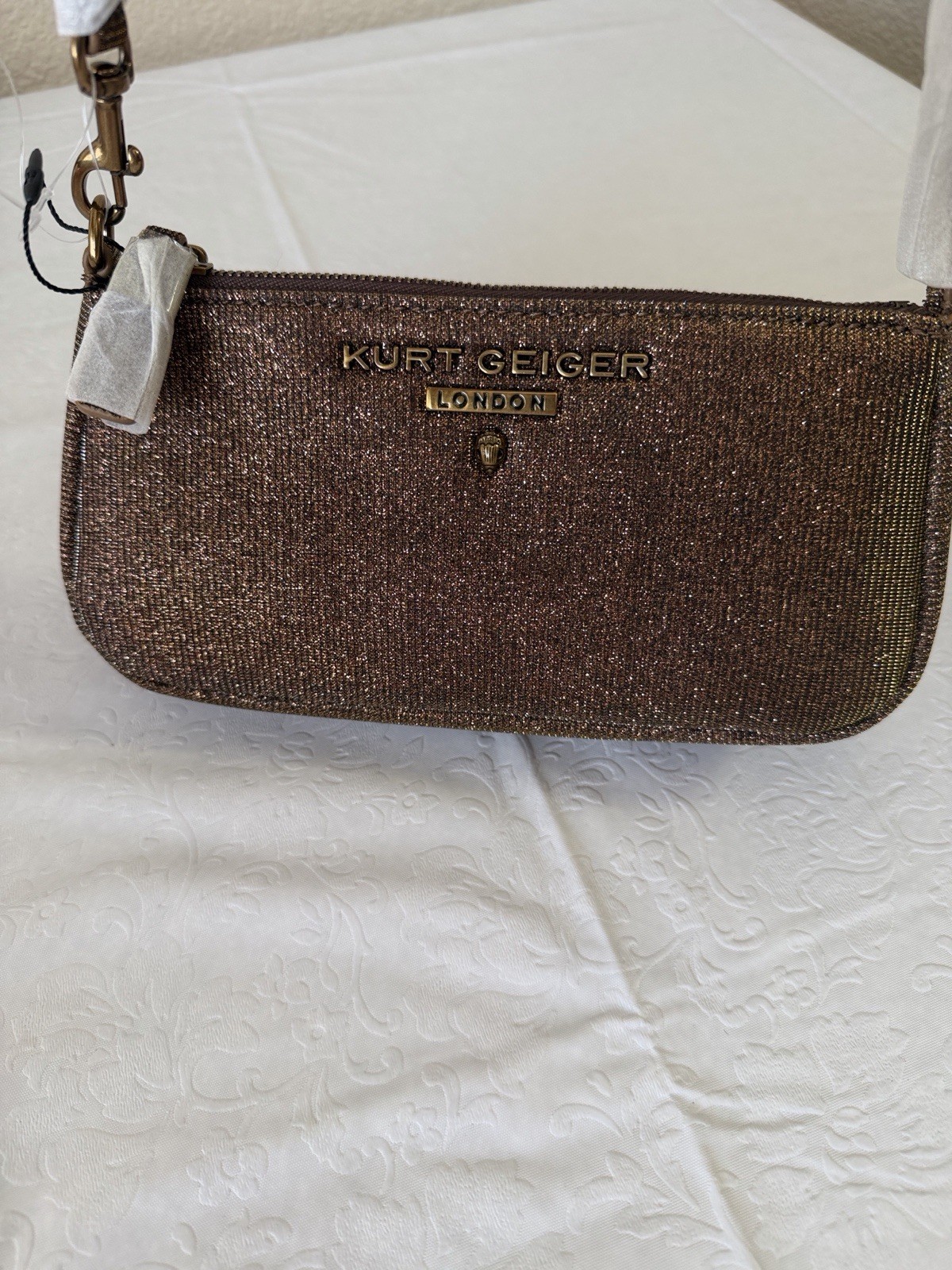Kurt Geiger London Gold Metallic Glitter Logo Shoulder Bag Zip Top Lined