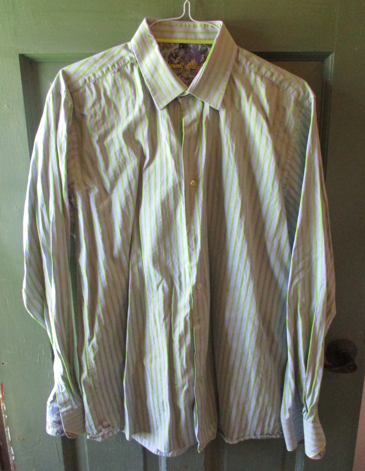Visconti Black Neon Green, White & Blue Striped Long Sleeved Dress Shirt Sz. XL