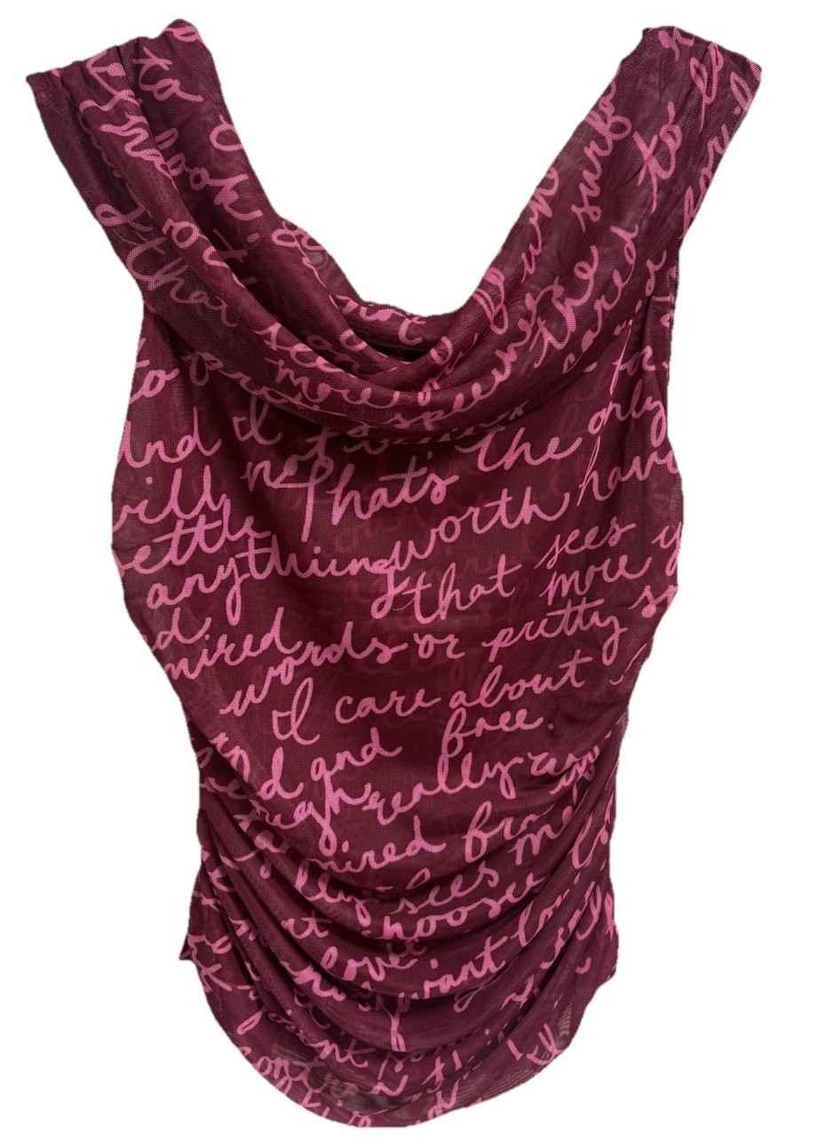 Maeve Anthropologie Mesh Script Print Draped Cowl Neck Ruched Tank Top S