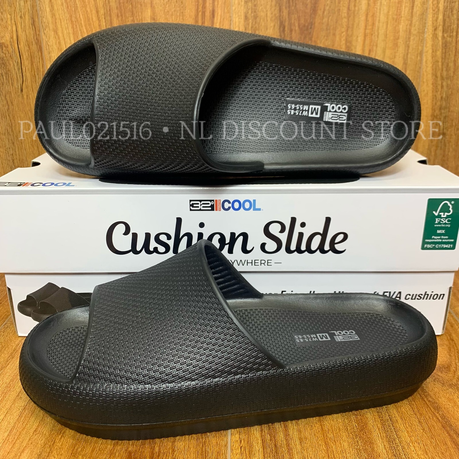 32 DEGREES COOL Cushion Slides Unisex (W)Women’s (M)Men’s ~ Black ~ XS S M L XL