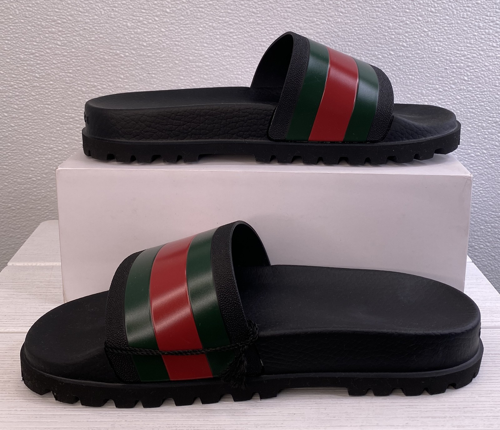 Gucci Slide Web Sandals Mens US10 UK9 Green/Red/Black Rubber Slip On *PREOWNED*