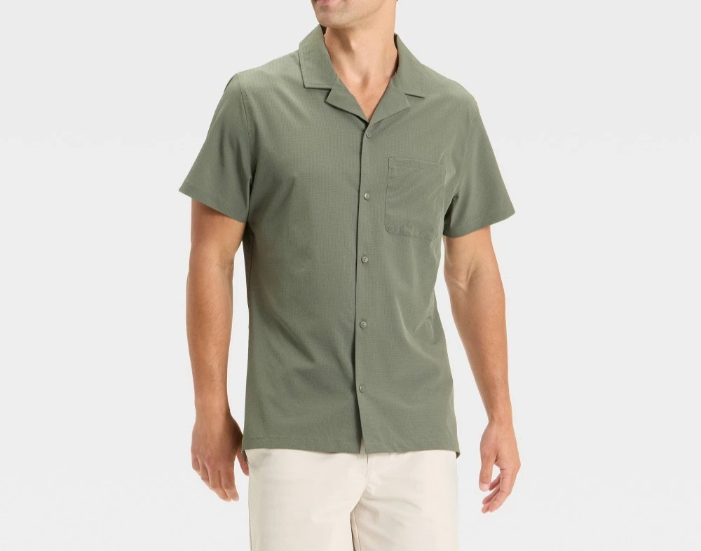 Resort Shirt All in Motion Dark Olive Button Down Relaxed Fit Vented M L XL XXL