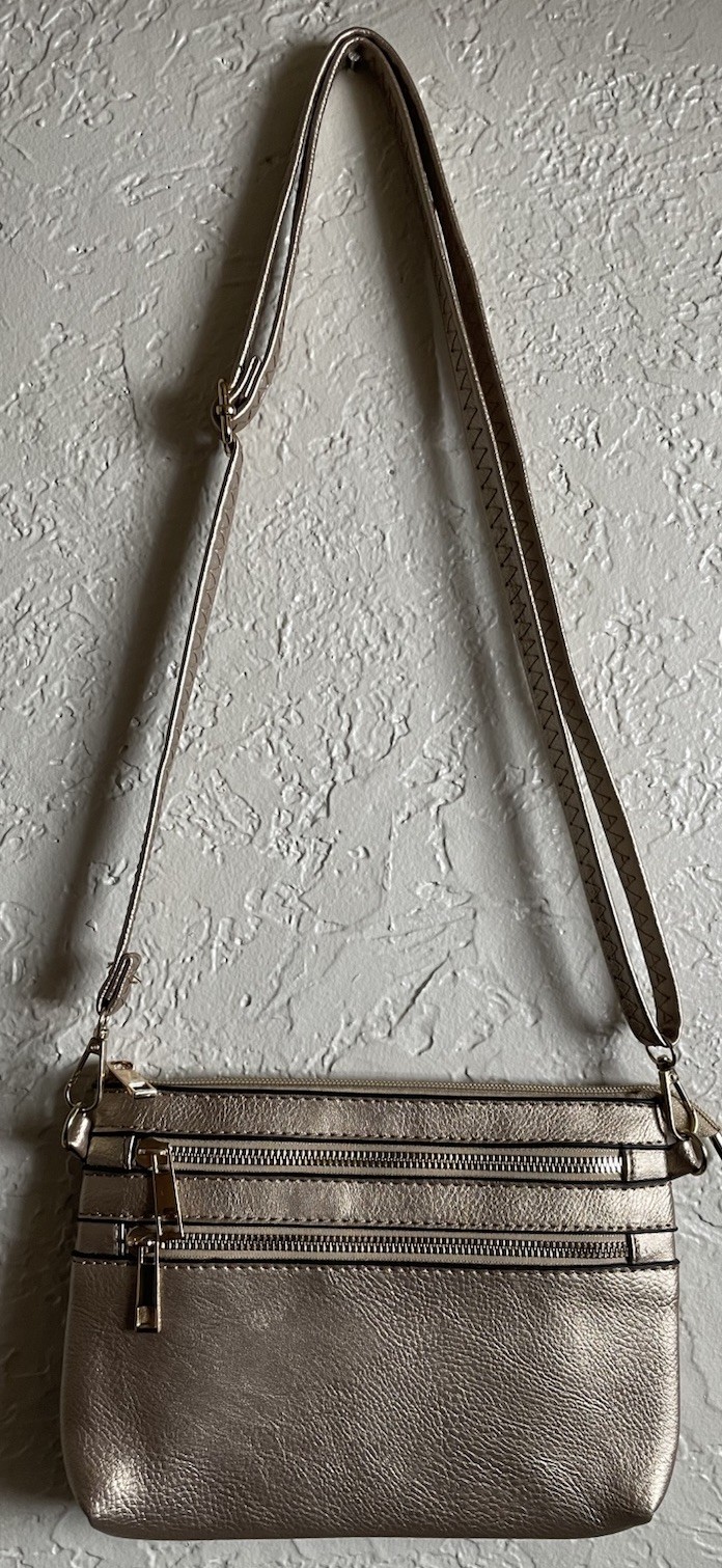 Gold Metallic Crossbody Bag Wristlet Adjustable Removable Strap Zipper Accents