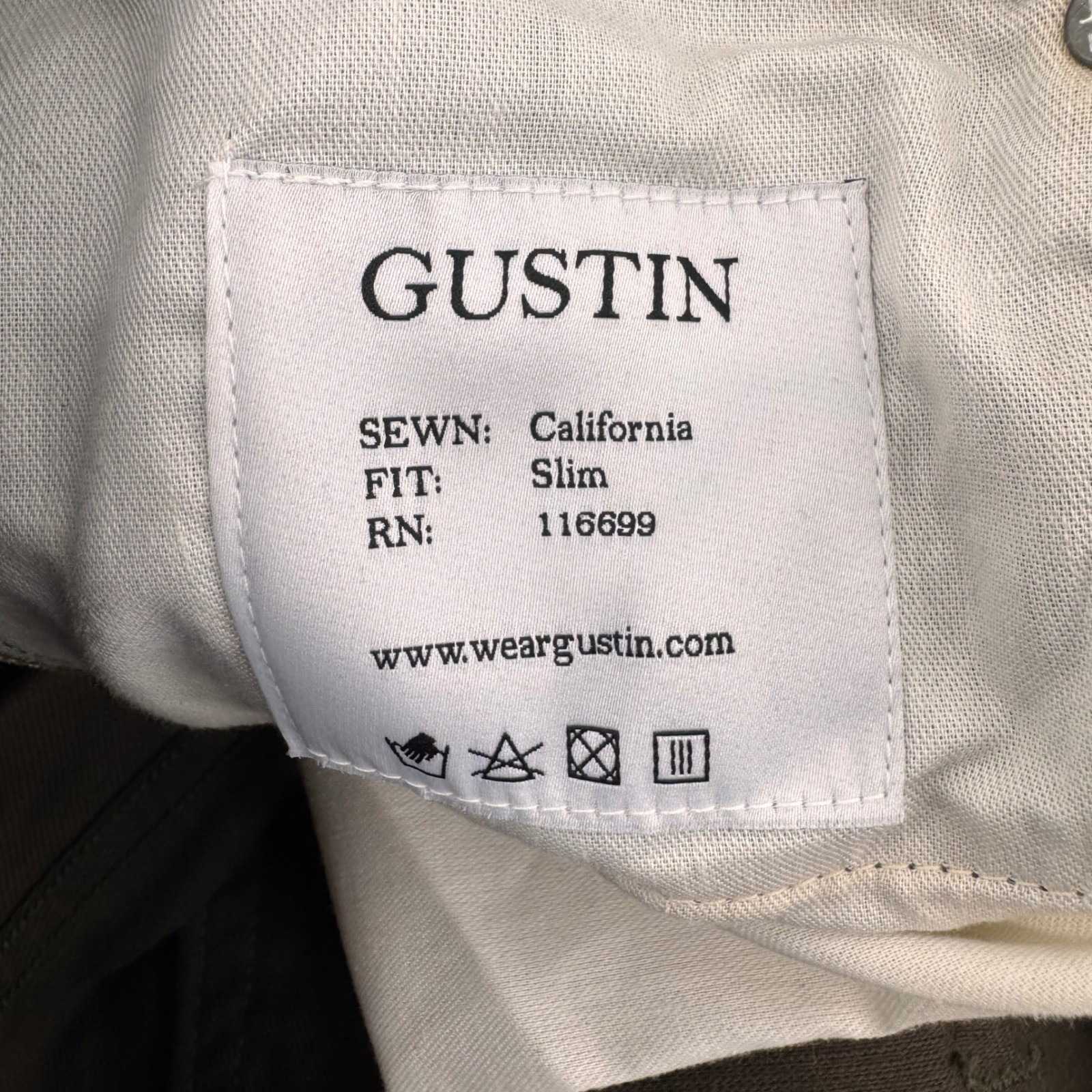 Gustin Slim Fit Pants Mens 35 Brown Cotton Twill Made in USA Button Fly Heritage