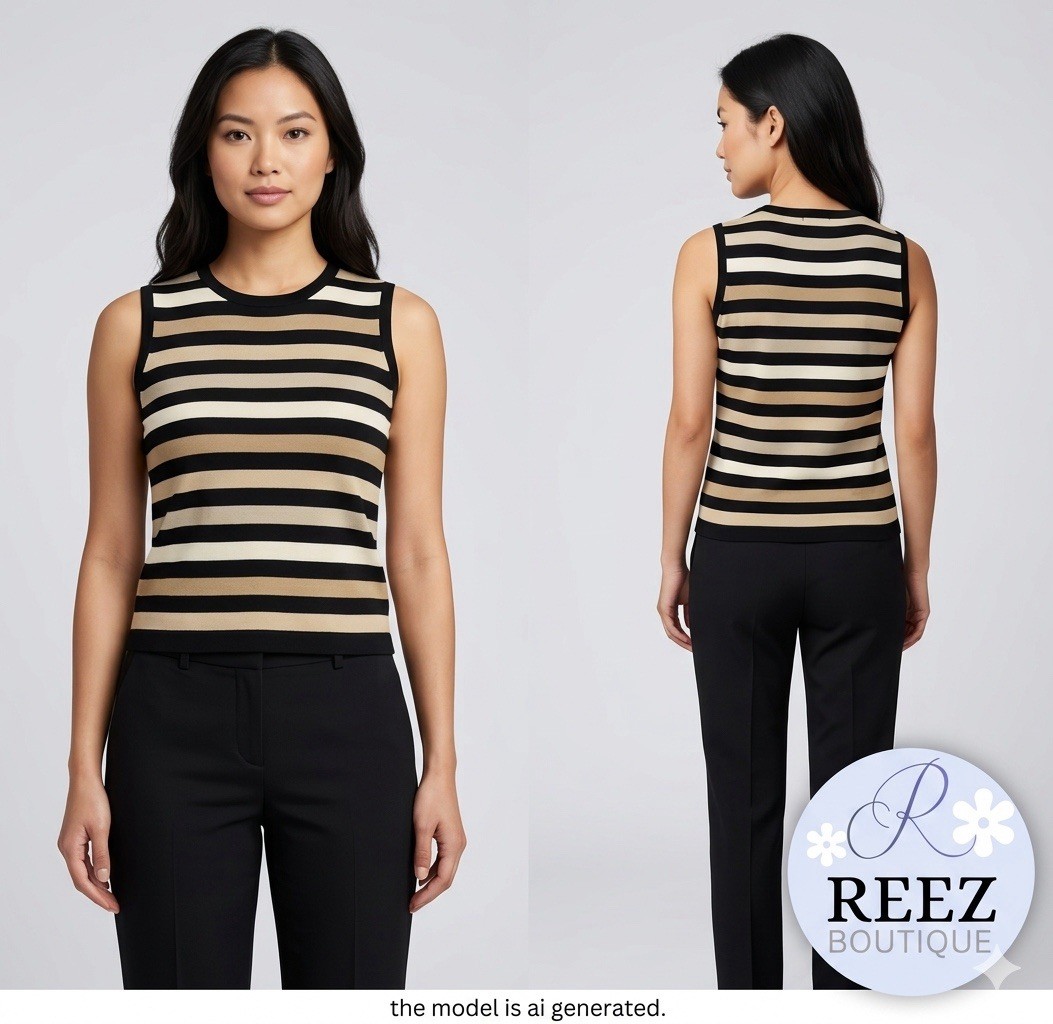 City Silk Black Beige White Striped Knit Sleeveless Crew Neck Pullover P/S B91