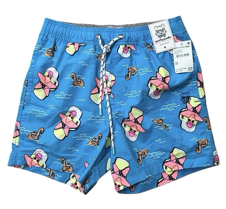 NWT Party Pants Mens XS Neon Blue Super Star Starfish Board Shorts Swim Trunks