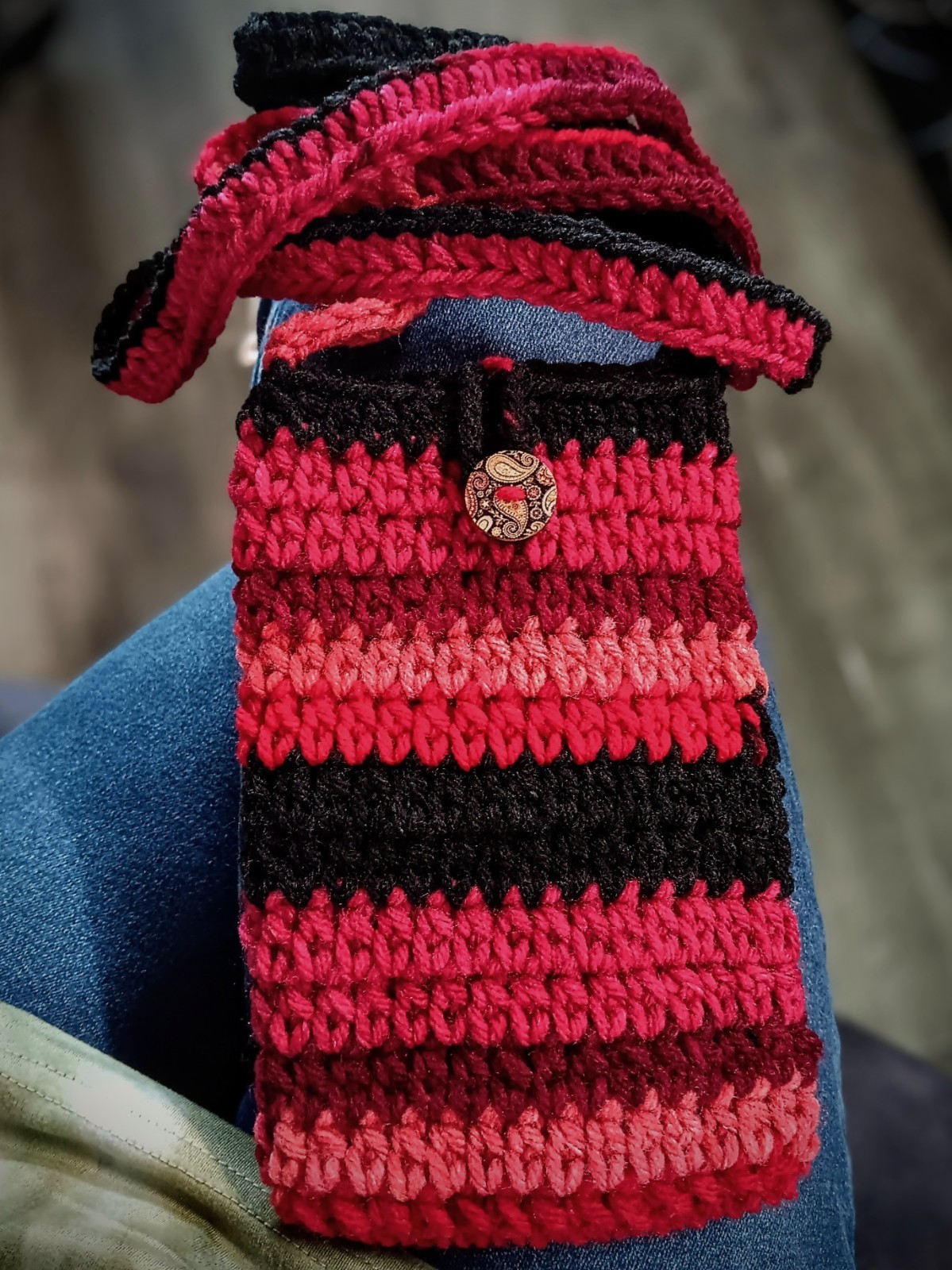 HANDMADE Red & Black Stripes Crocheted Crossbody Phone Pouch w/ Button Closure