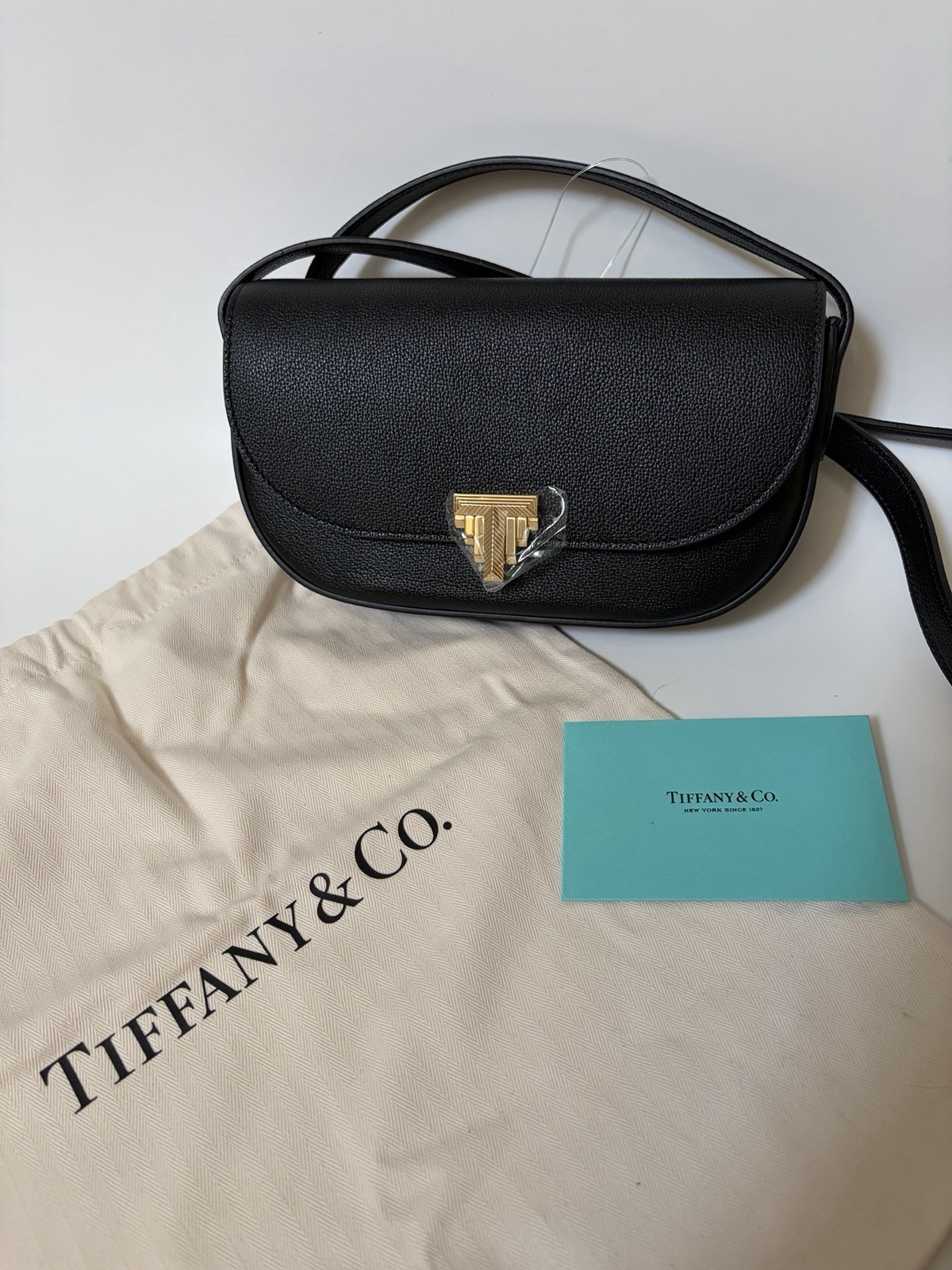 Tiffany & Co. Black Crossbody Bag Gold Hardware T Logo Clasp Dust Bag
