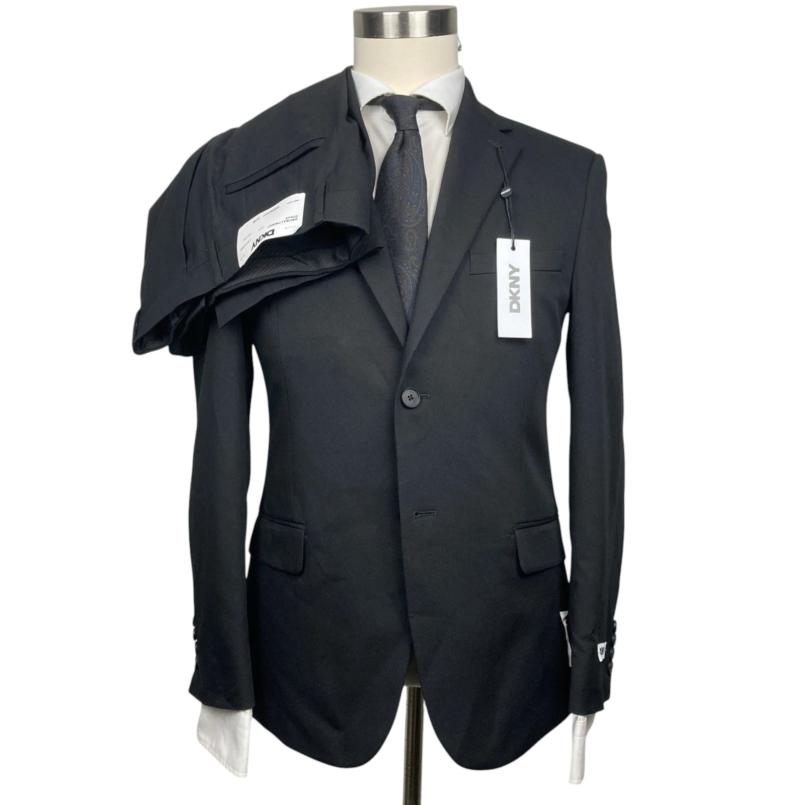 Dkny Mens Modern fit 2 Piece Suit 52 R / 47 Waist Black Solid Stretch