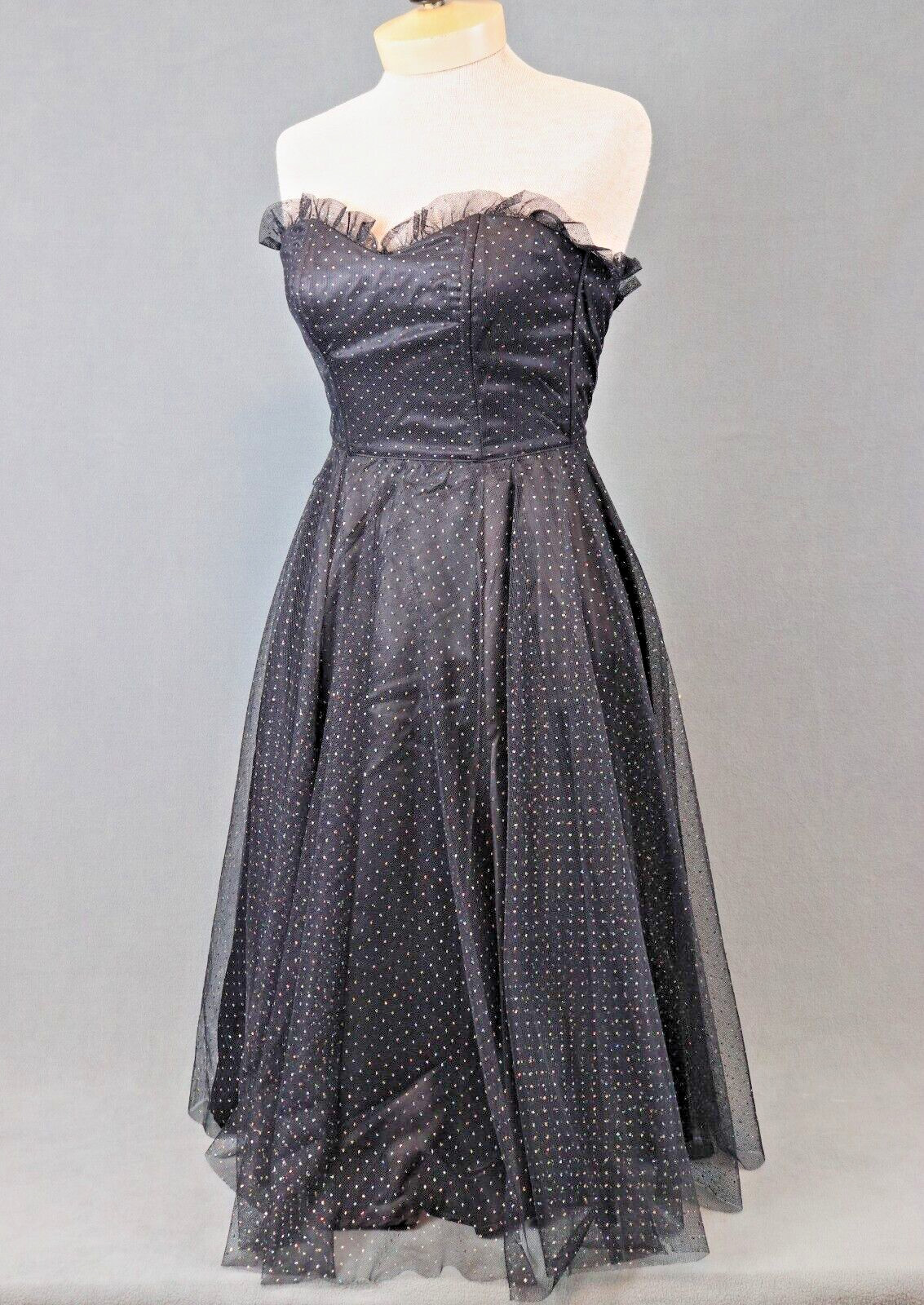 Gunne Sax Sz 3/XS Black Mesh Bodice Glitter Ball Gown Sweetheart Neck Prom Dress