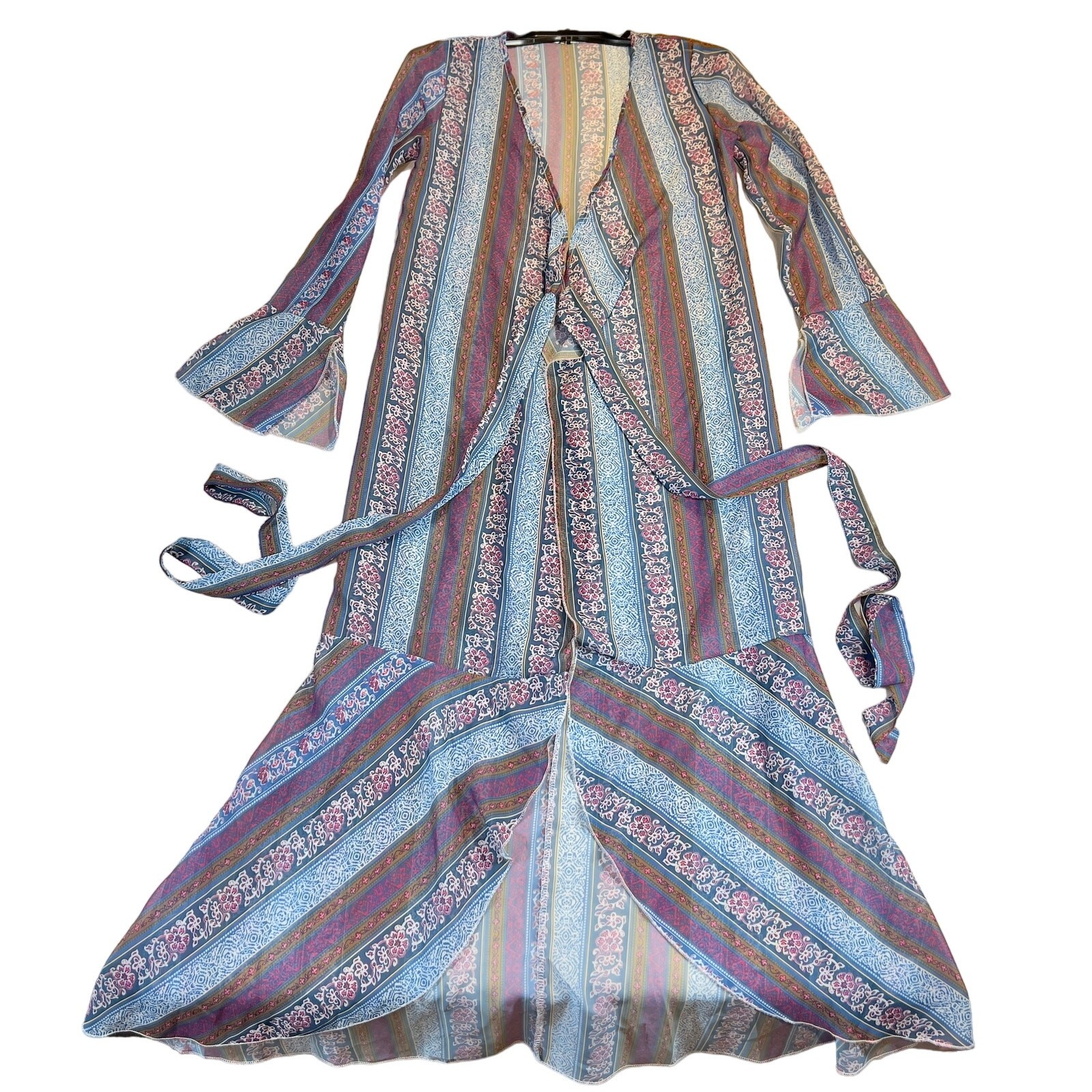Beach Cover-Up Bohemian Boho Paisley Blue and Purple Long W/ Belts. Flared Hem