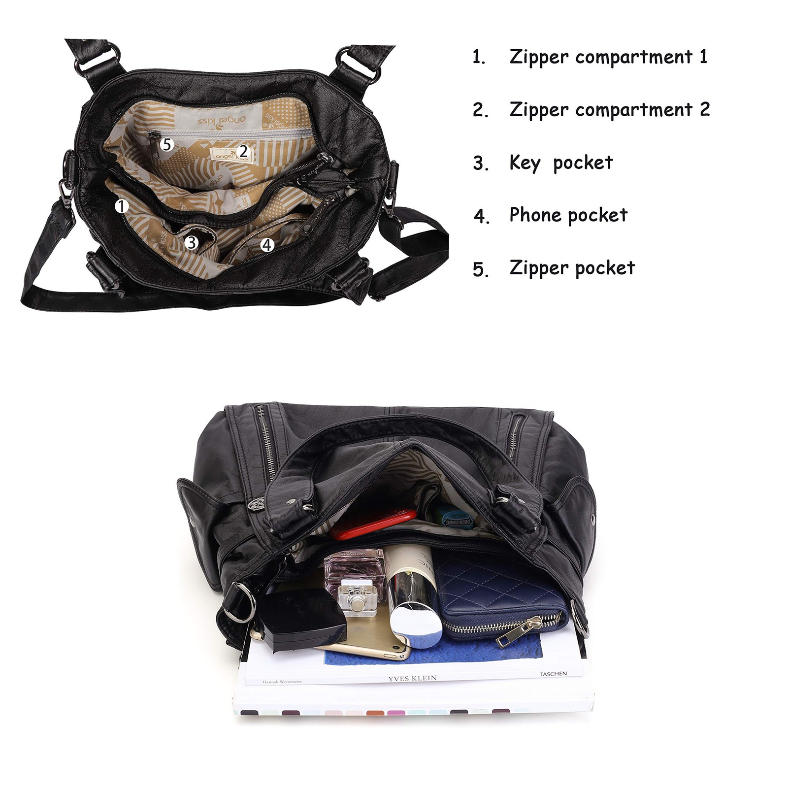 Handbag Hobo Women Shoulder Bag/Handbag Roomy Multiple Pockets Large, A-black