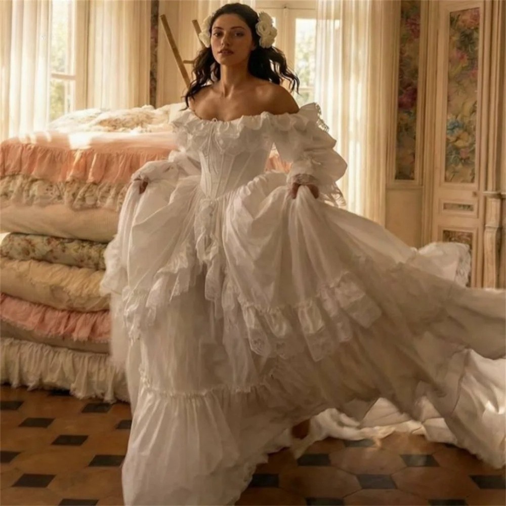 Customized Wedding Party Long Sleeve Lace-Up Back Bridal Gown A-Line WeddingGown