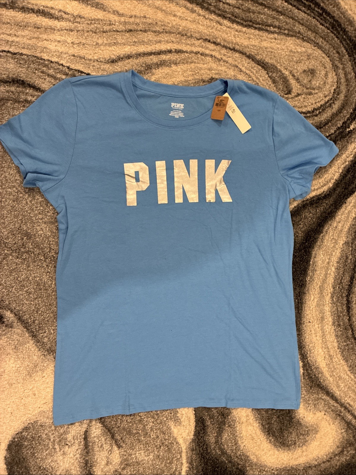 New Victoria’s Secret PINK Shirt (L)Blue Short Sleeve Silver Logo Campus Top NWT