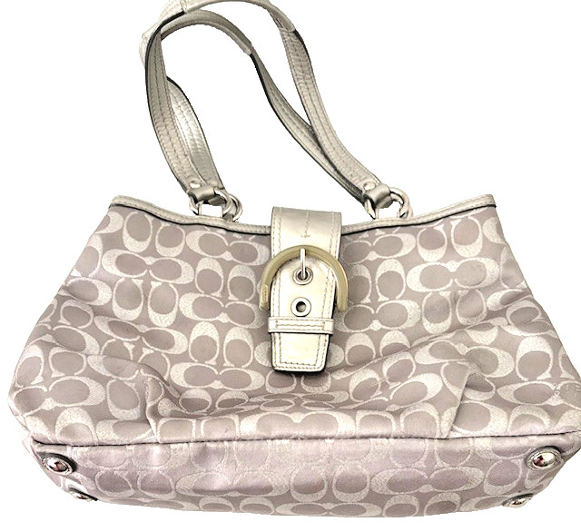 COACH F18912 Silver Signature C Jacquard & Leather Tote- Good Condition