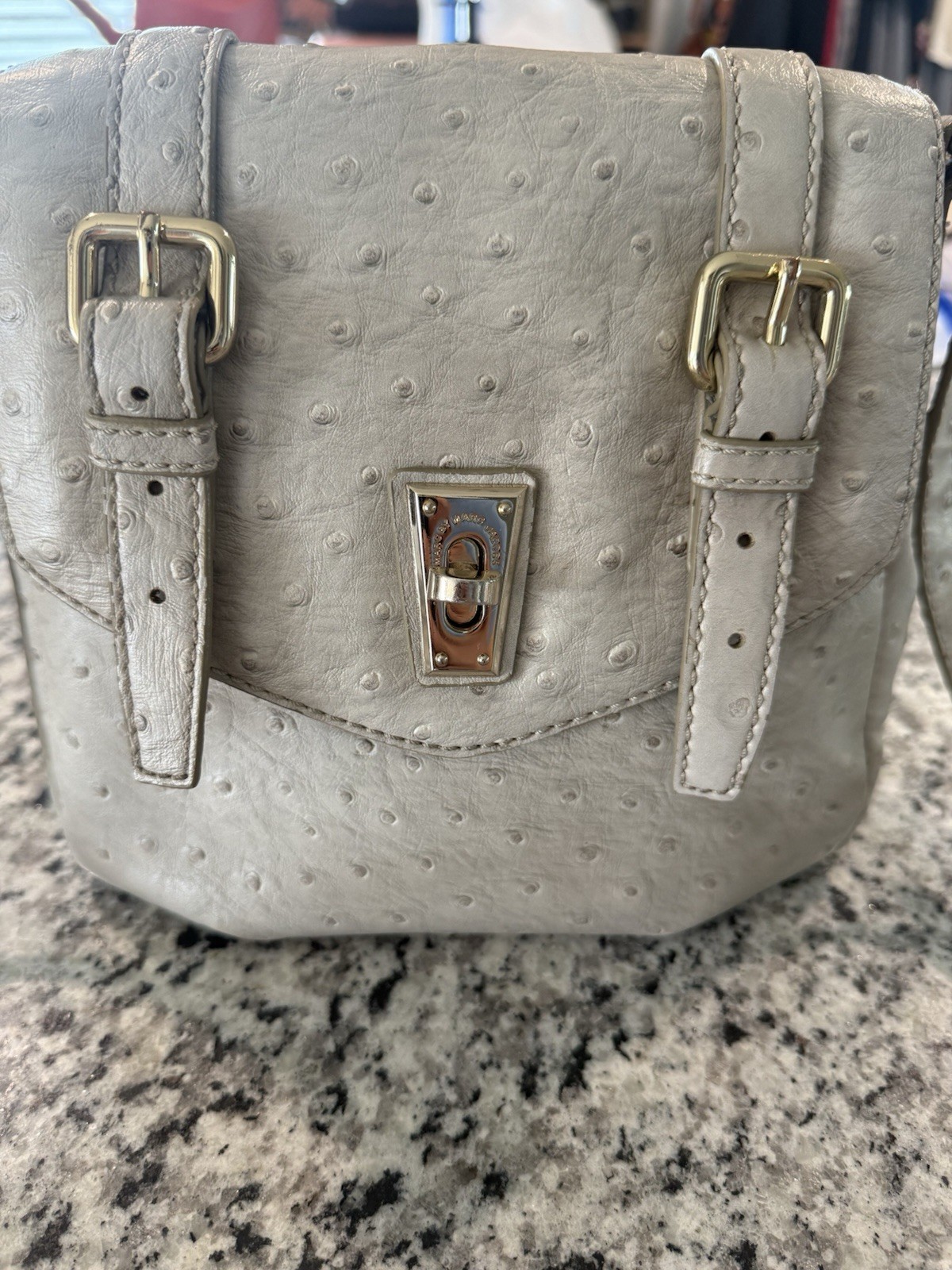Marc by Marc Jacobs Gray Ostrich Shoulder Bag Turn Lock Buckle Silver Hardware